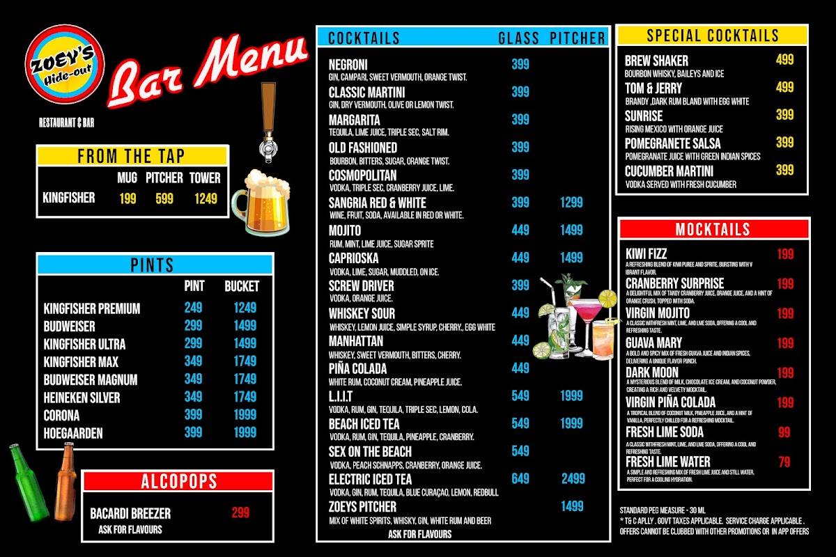 Zoey's Hideout - Restaurant & Bar menu