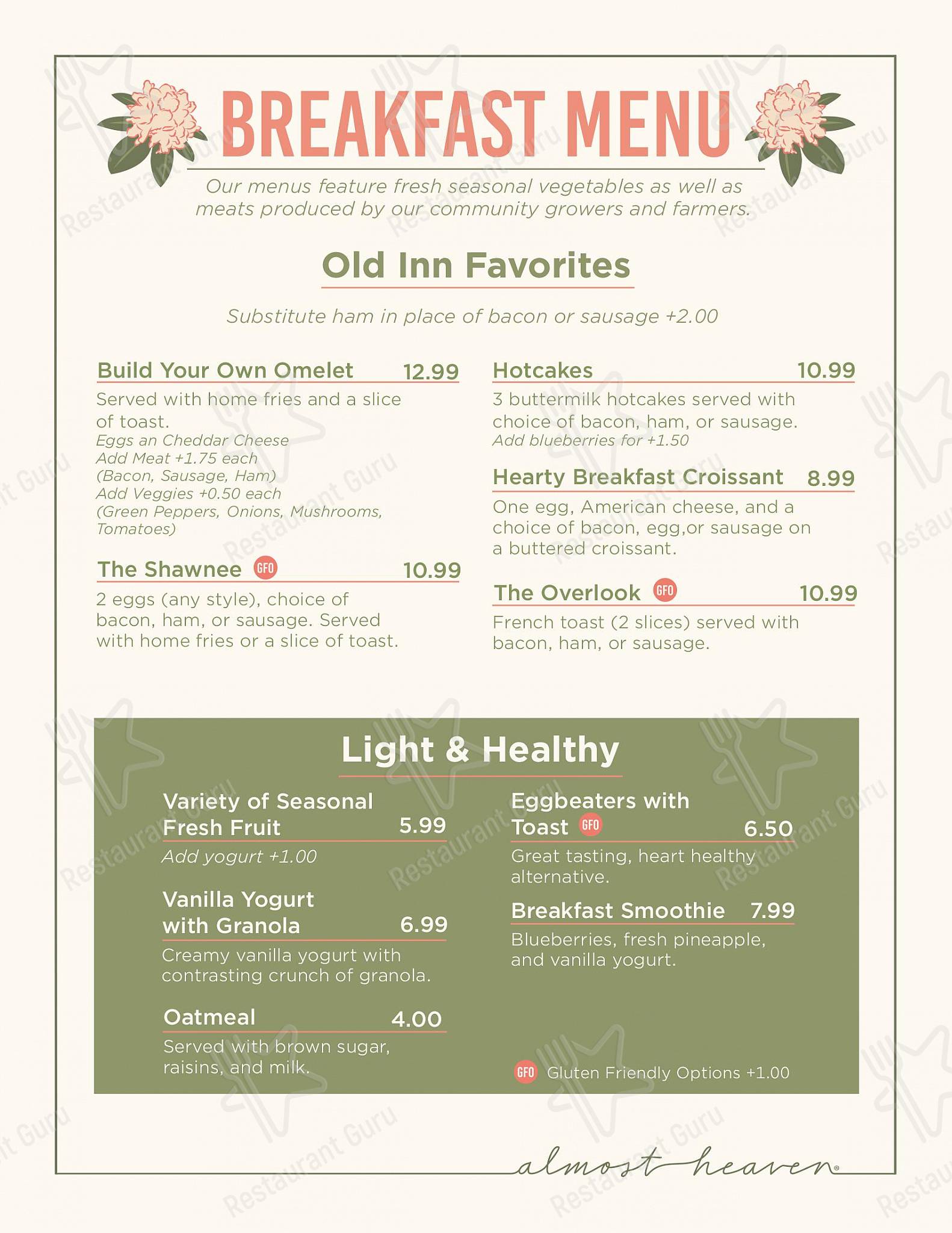 Menu at Cacapon Resort State Park pub & bar, USA