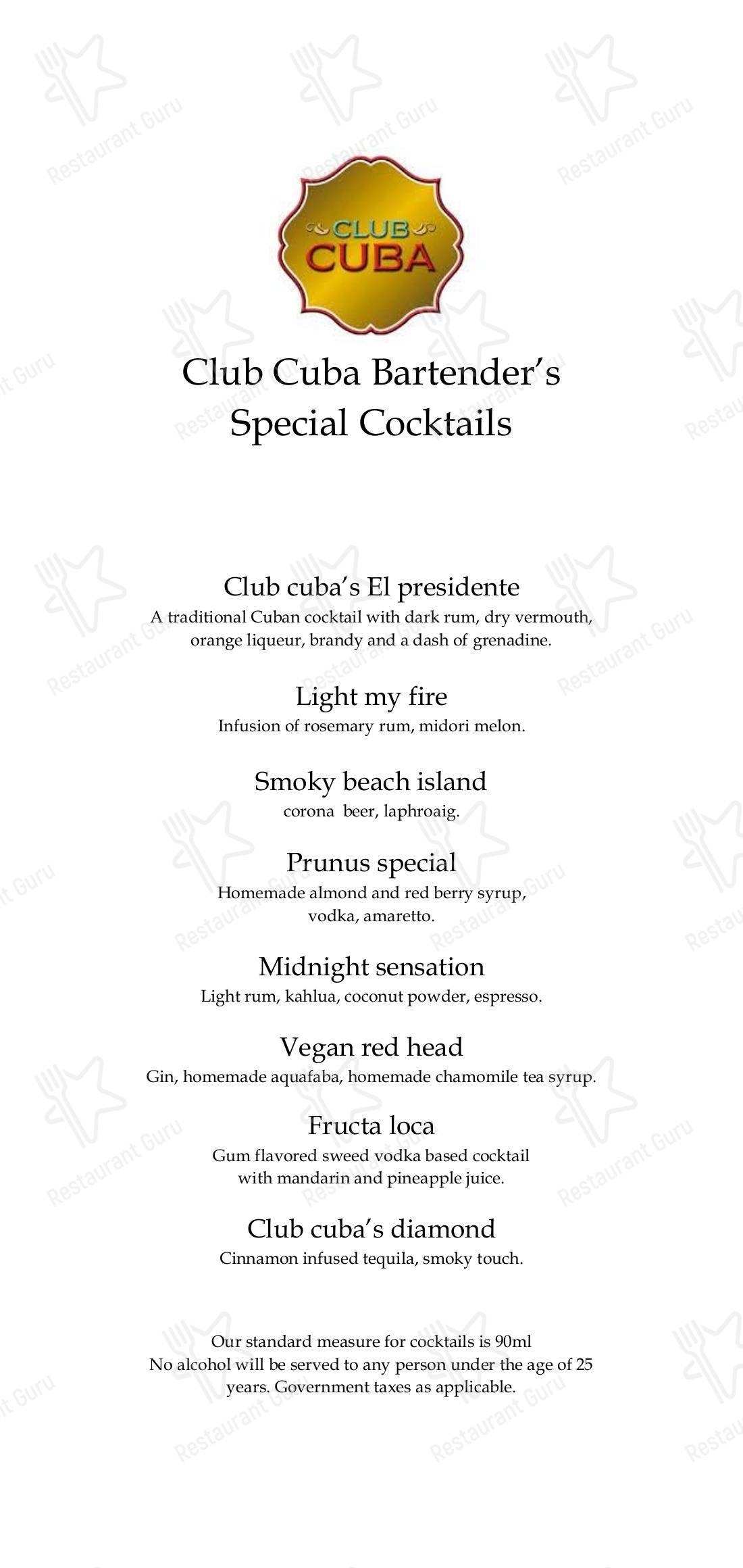 Menu for Club Cuba in New Delhi