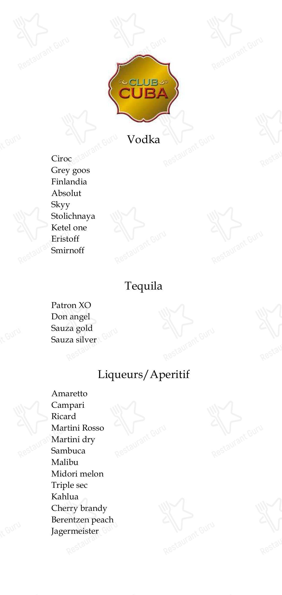 Menu for Club Cuba in New Delhi