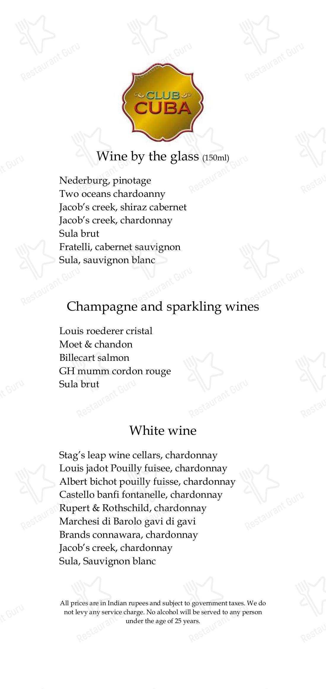 Menu for Club Cuba in New Delhi
