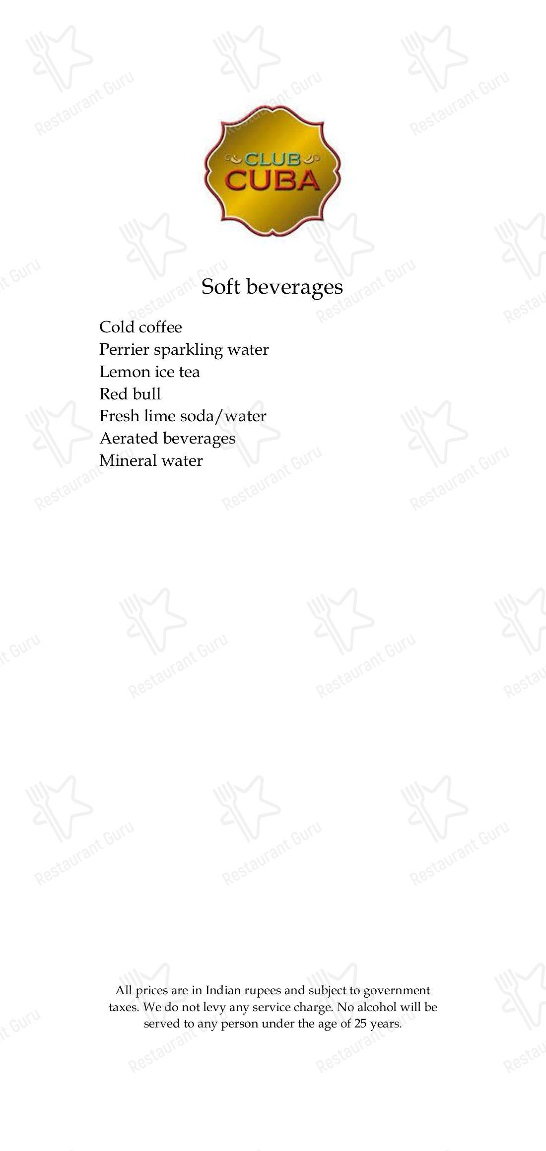 Menu for Club Cuba in New Delhi