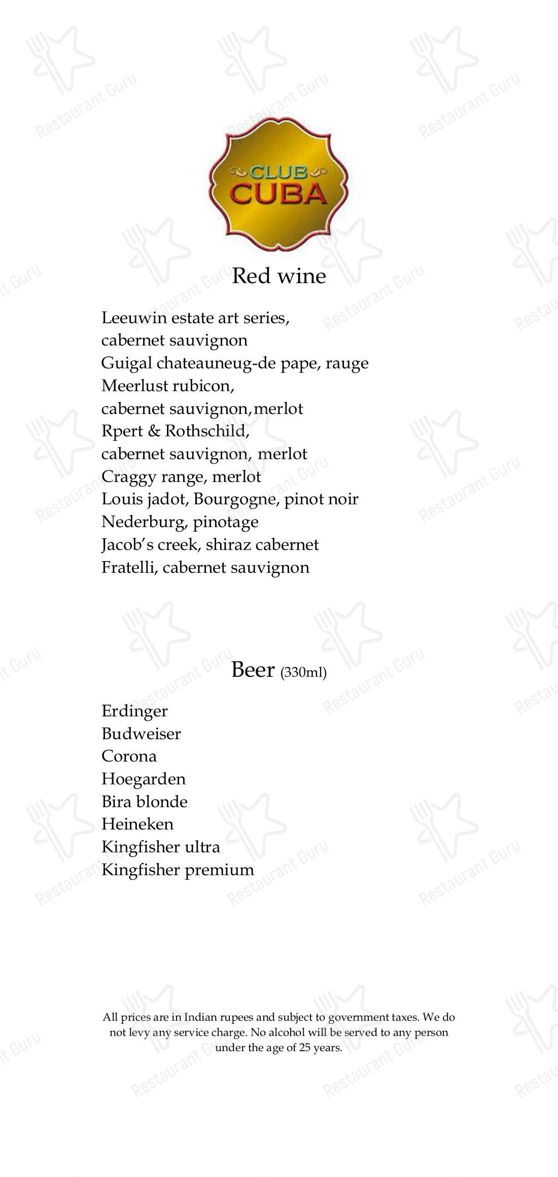Club Cuba in New Delhi - Menu
