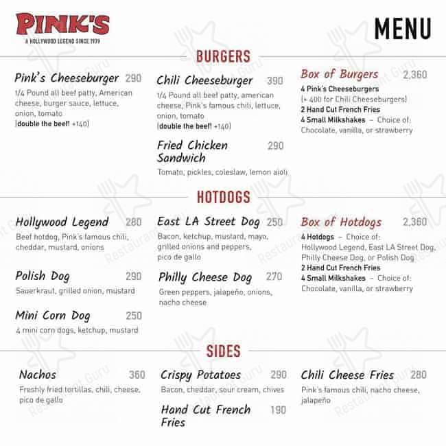 Pink's Hot Dogs BGC menu