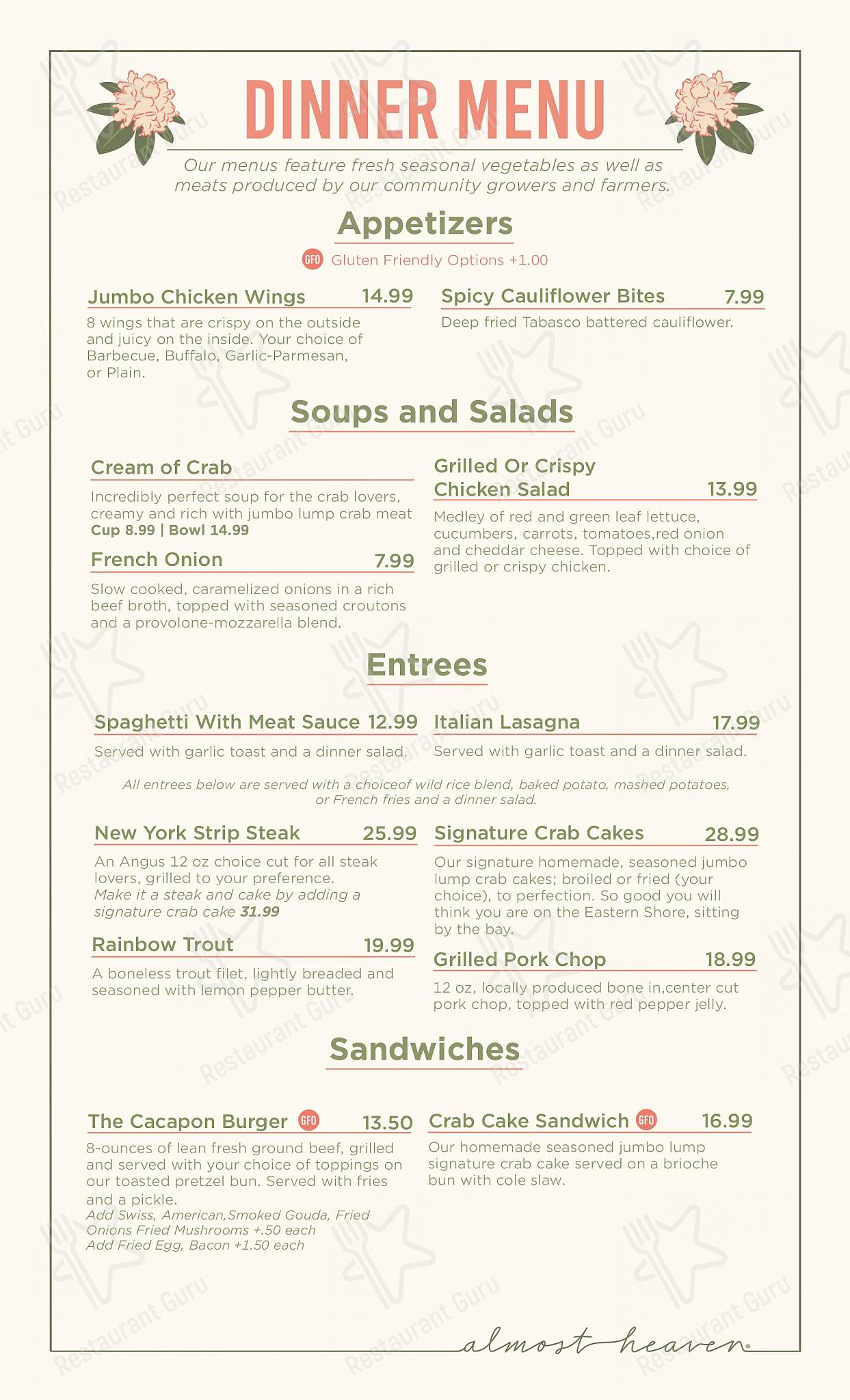 Menu at Cacapon Resort State Park pub & bar, USA