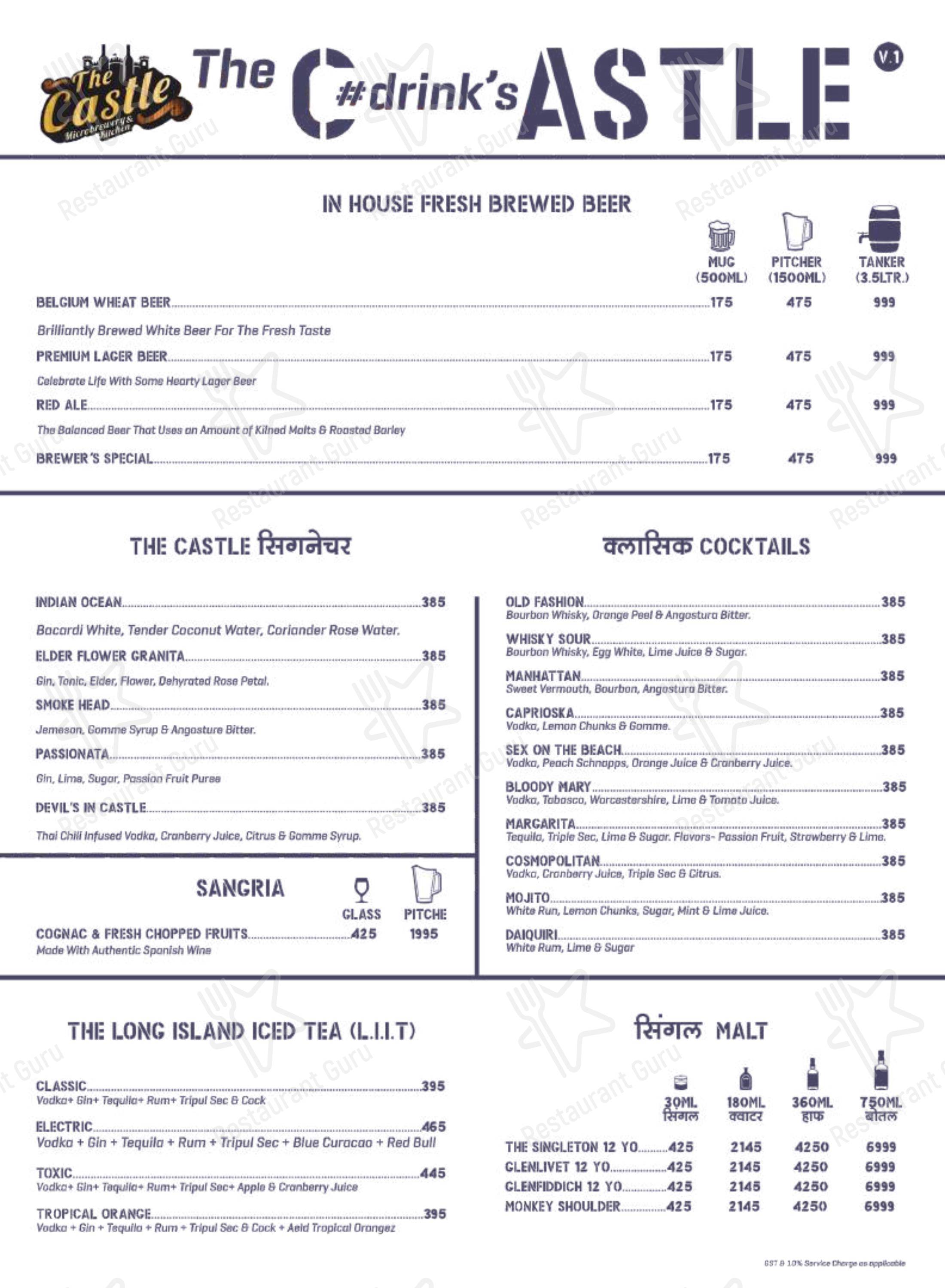 Menu bar for The Castle Microbrewery & Kitchen in Rewari