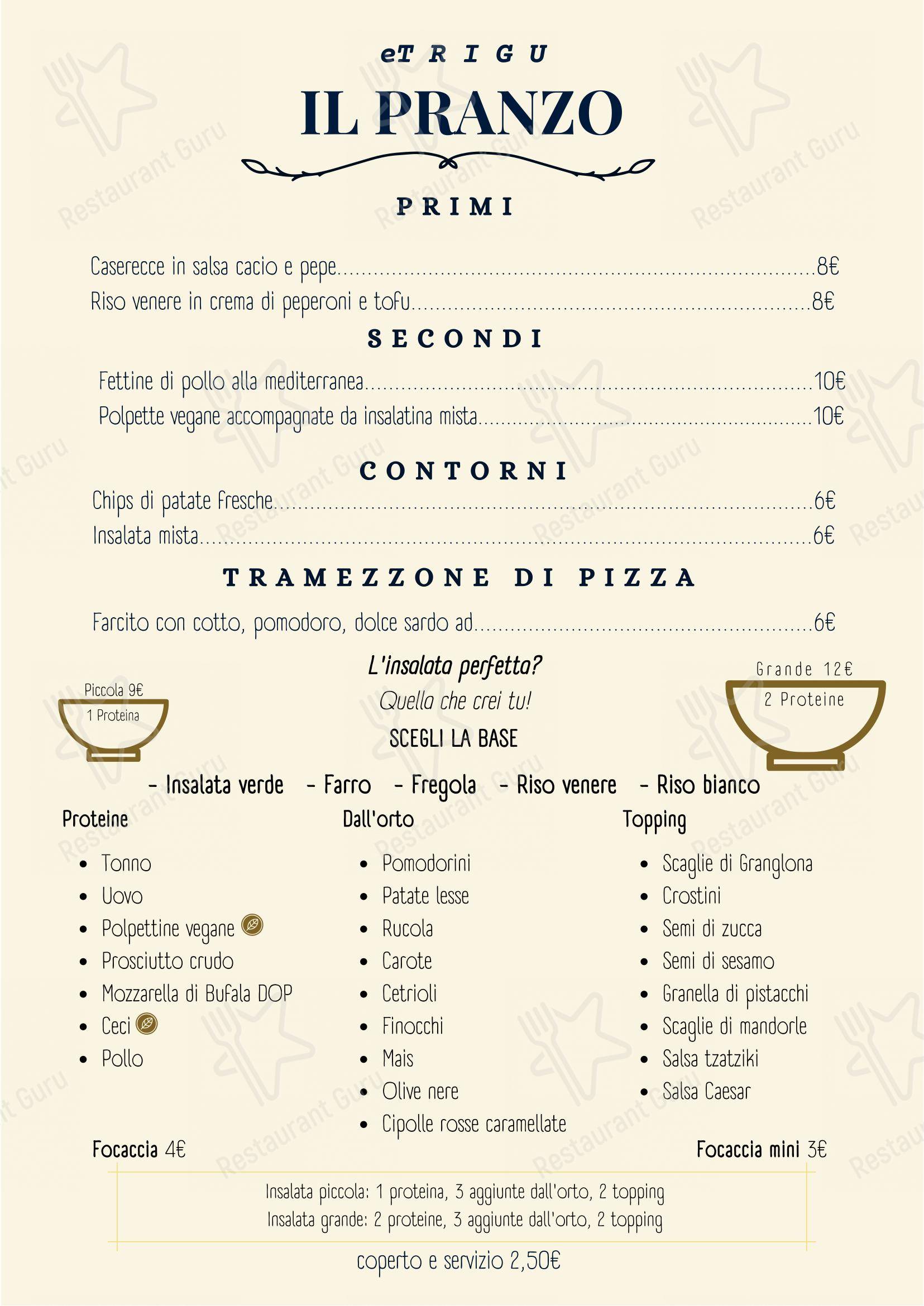 Menu bar per eTrigu Pizzeria Bar Bistrot in Cagliari
