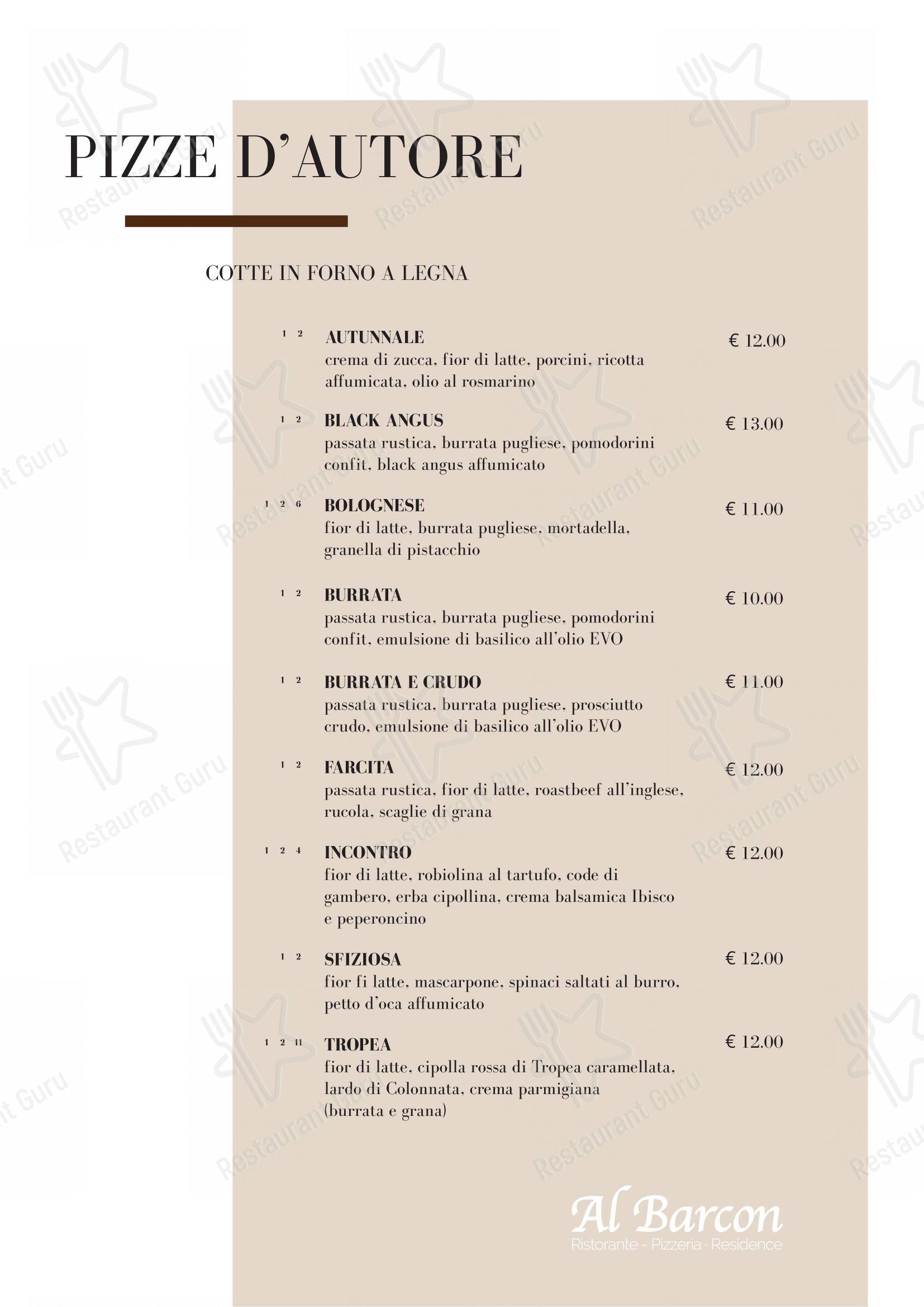 Menu di Al Barcon Ristorante-pizzeria e Residence - Menu bar