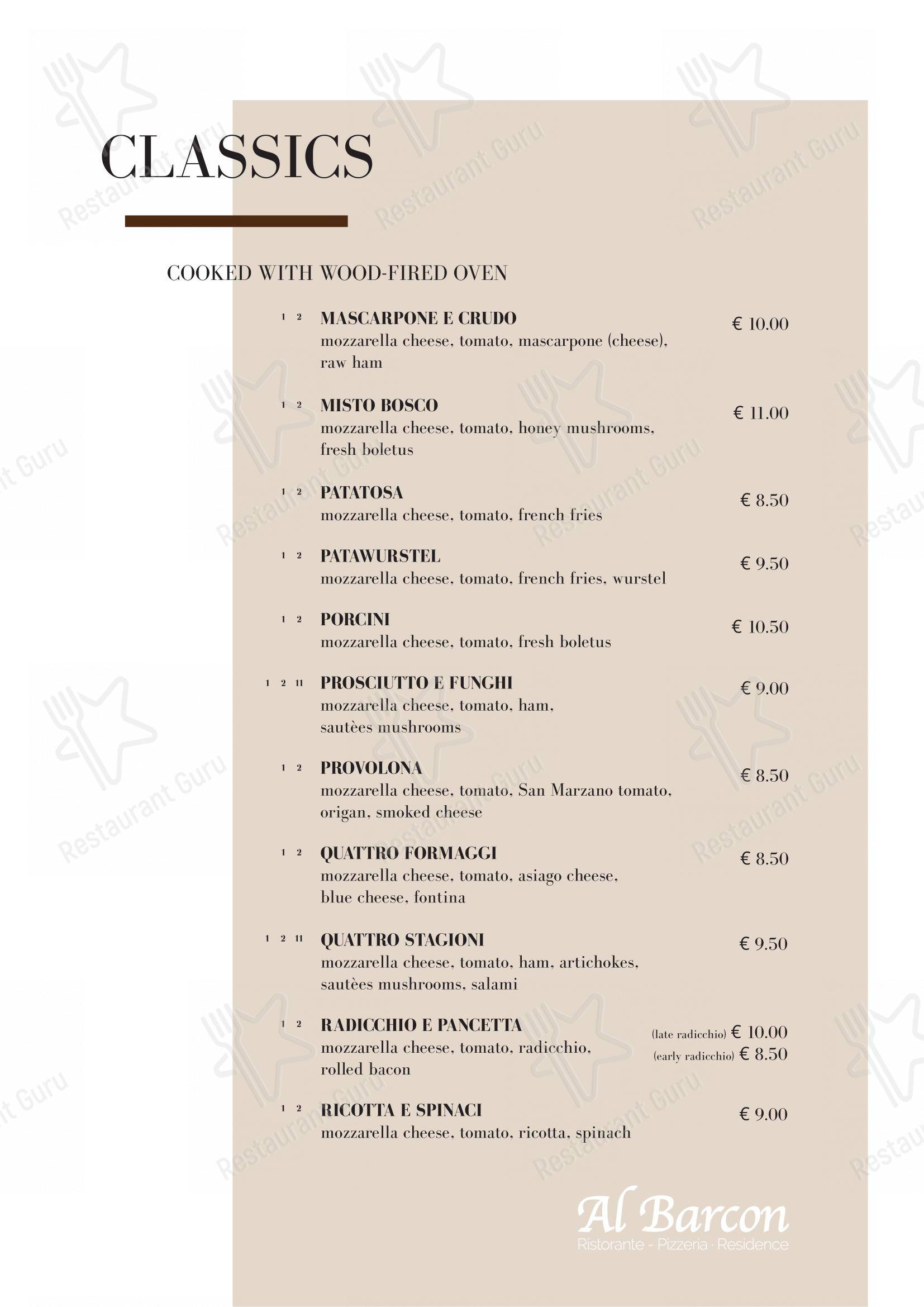 Основное меню per Al Barcon Ristorante-pizzeria e Residence in Sarcedo