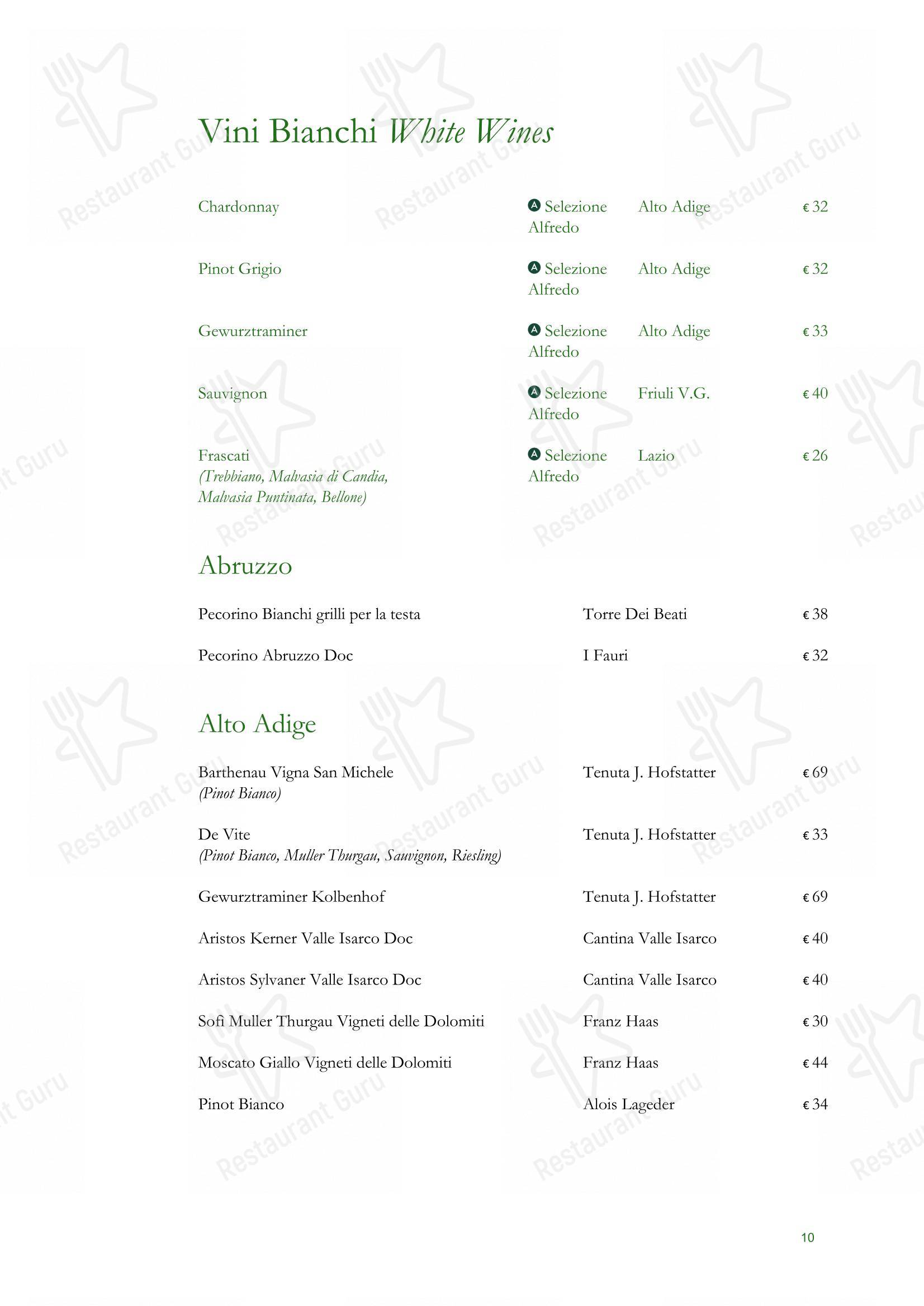Ночное меню per Ristorante Alfredo alla Scrofa in Roma