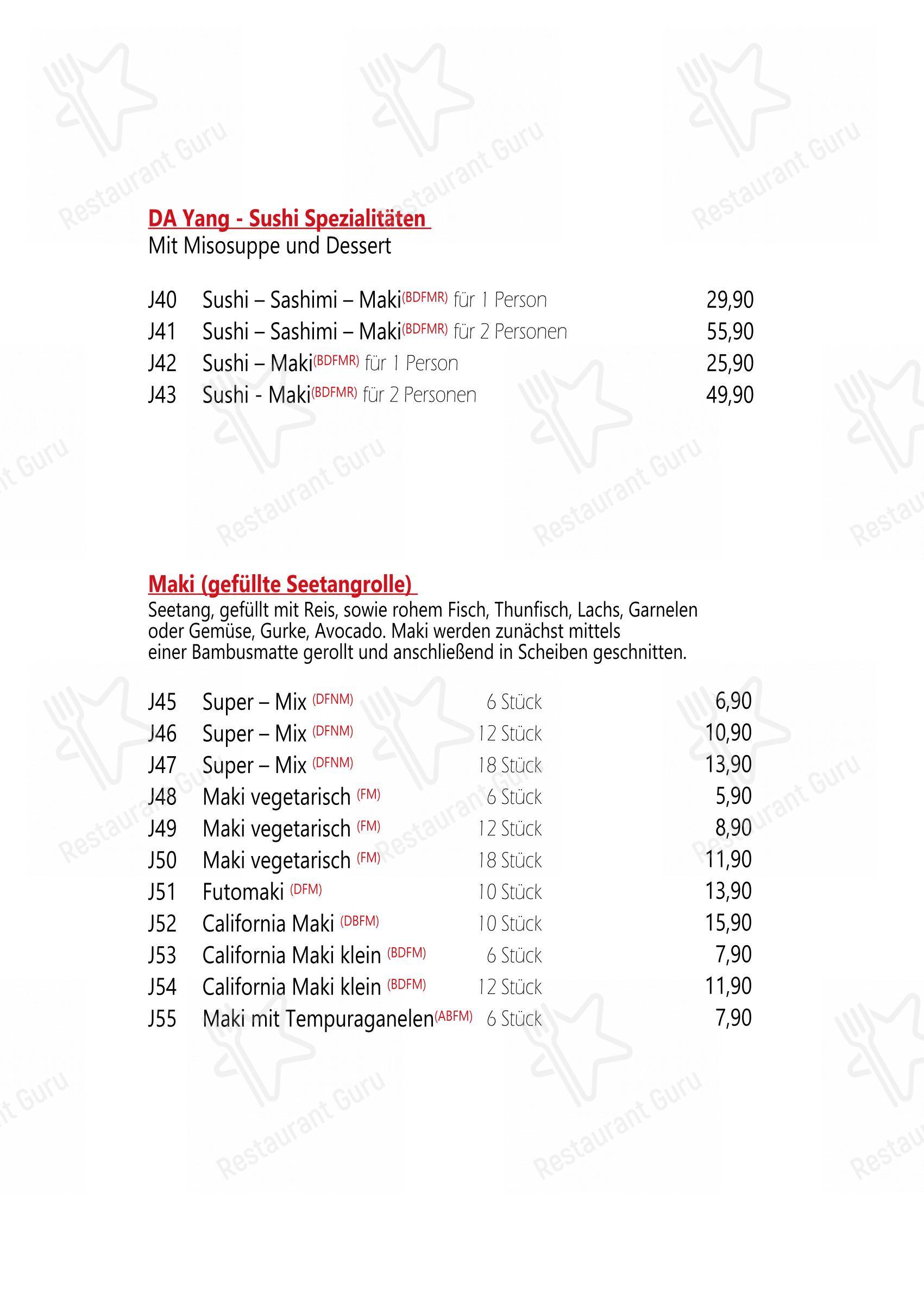 Menu pour Da Yang - plats et boissons