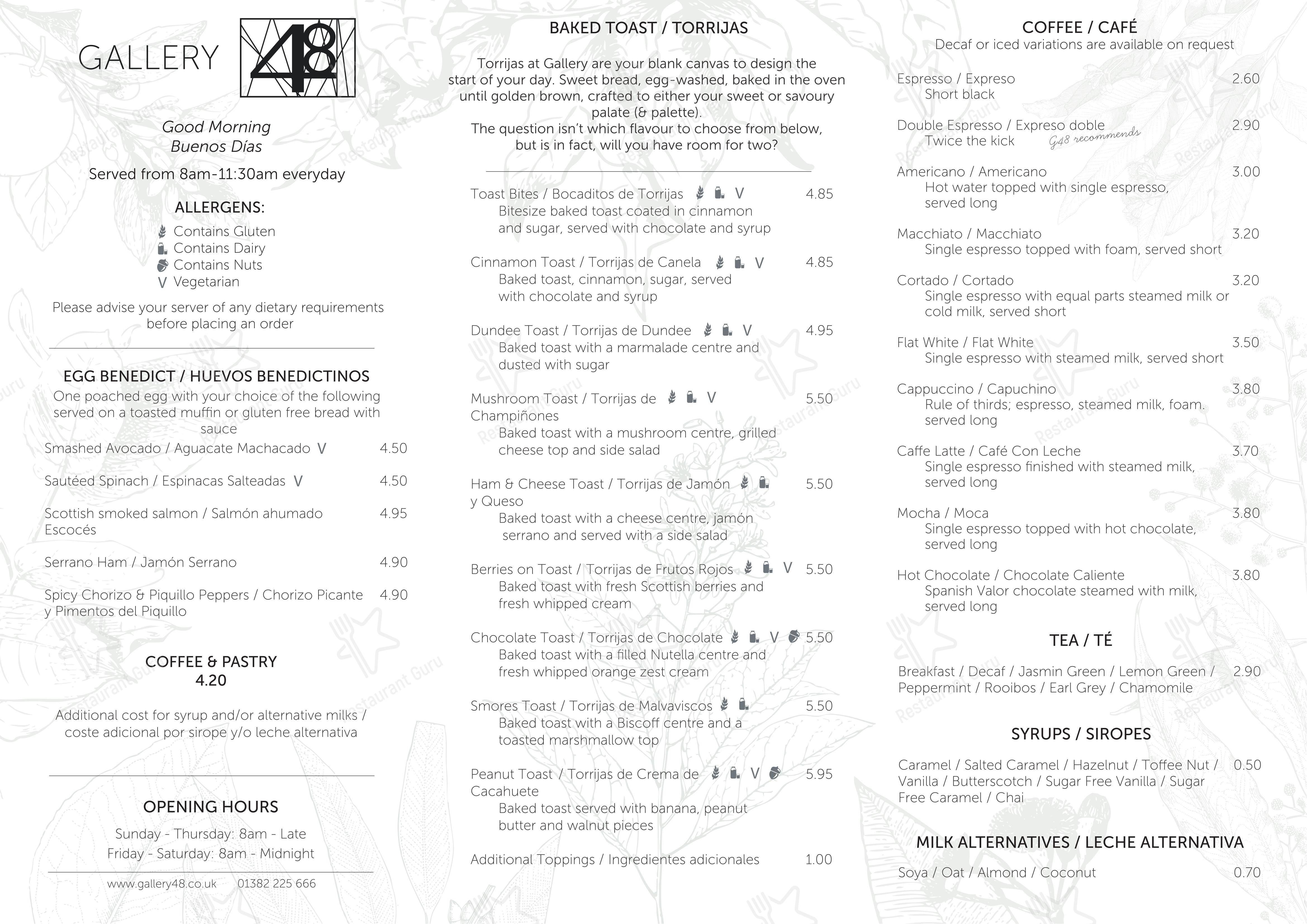 Menu at Gallery 48 pub & bar, Dundee