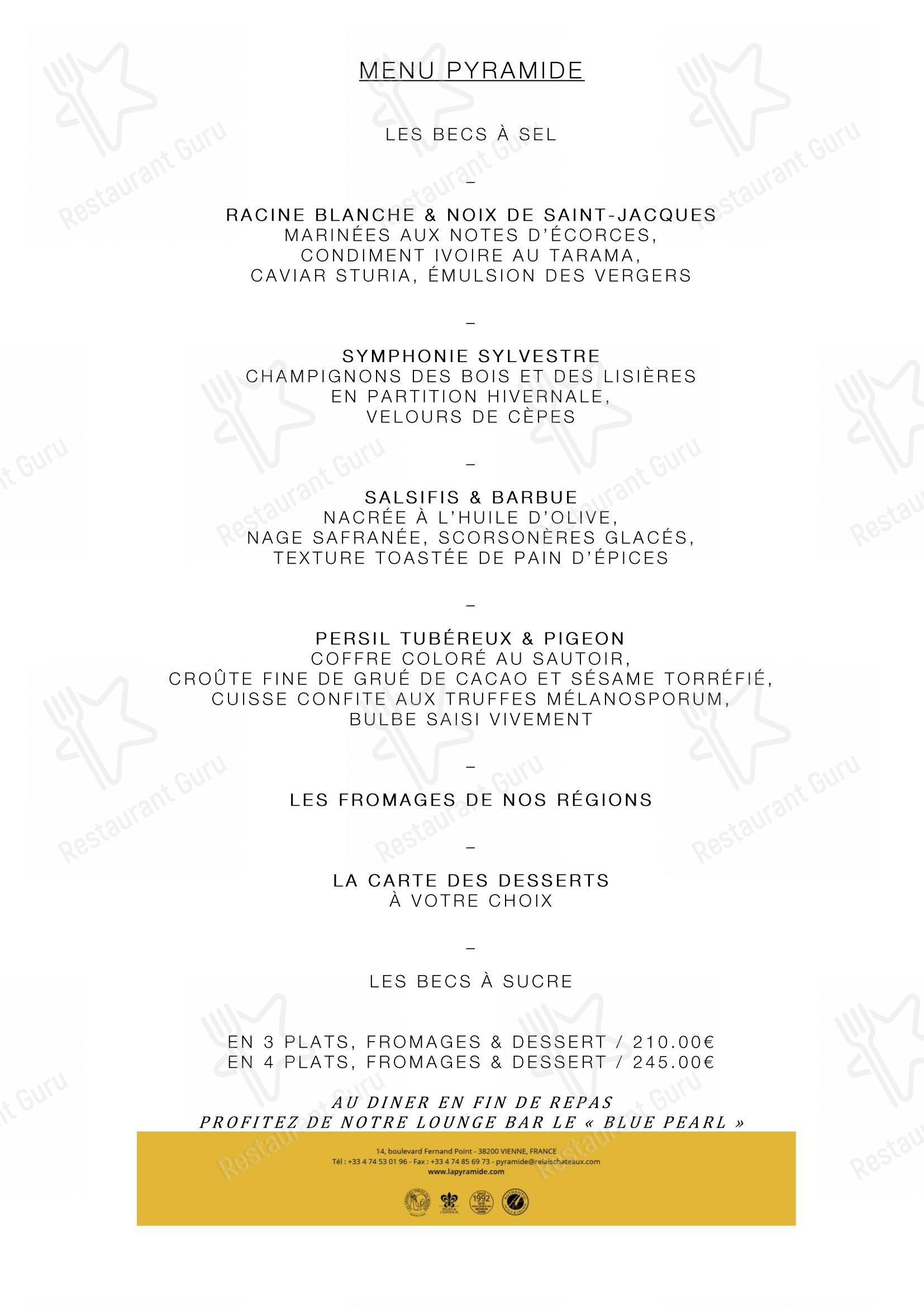 Découvrez le menu pour La Pyramide - Hôtel Restaurant (Isère)