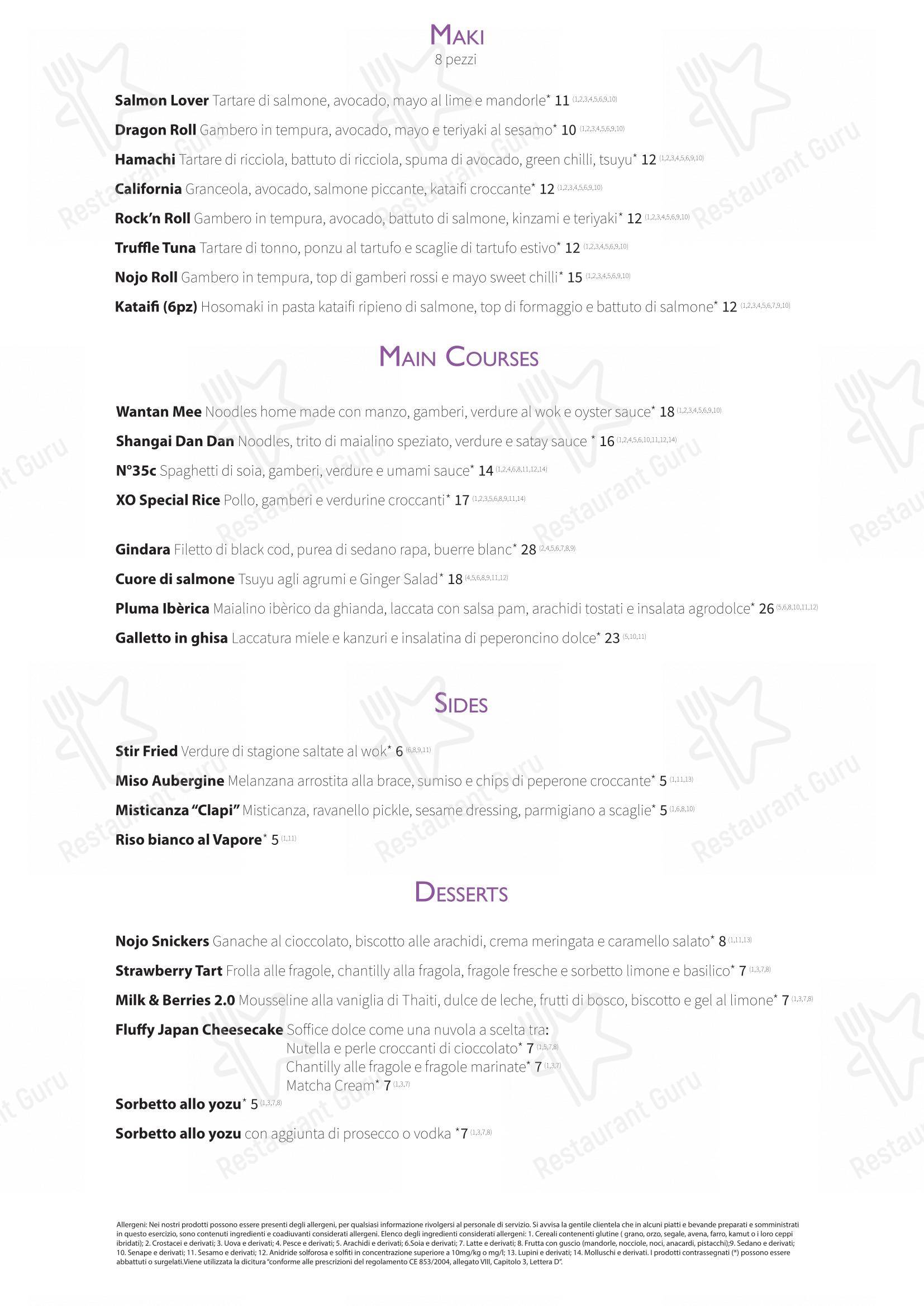 Menu per Nojo ristorante