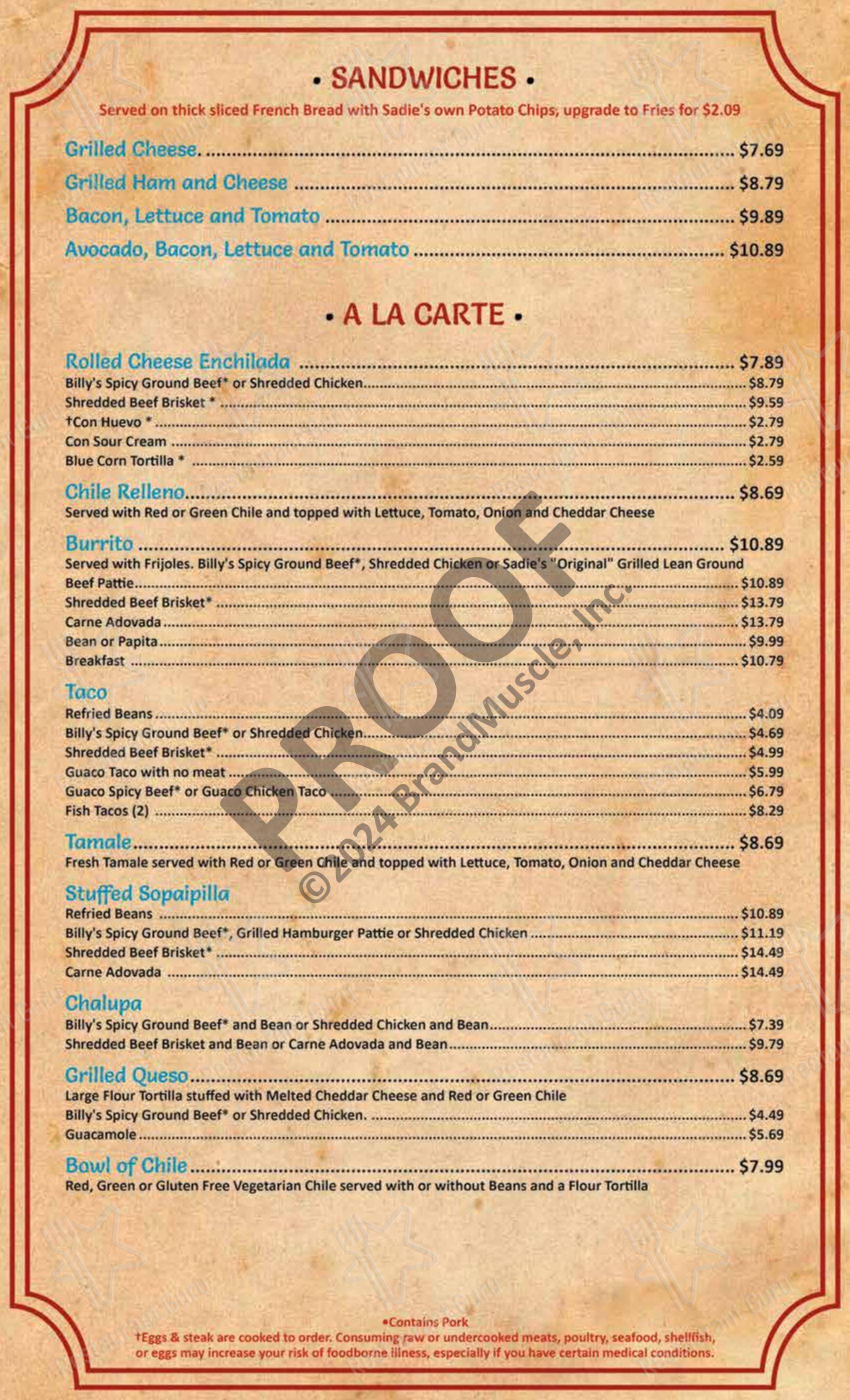 Menu at Sadie's of New Mexico restaurant, Los Ranchos de Albuquerque ...