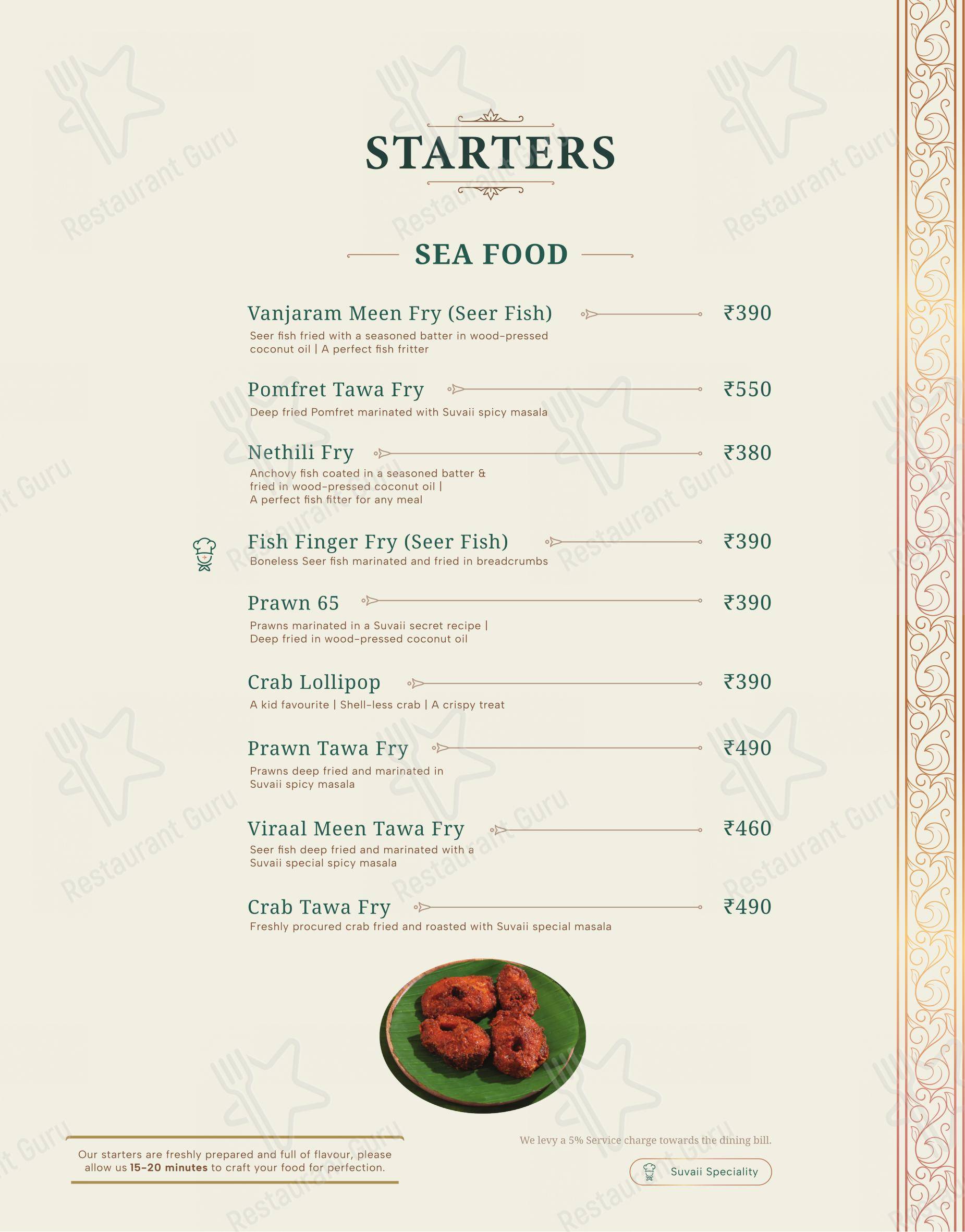 Menu bar for Suvaii - A Pandyan Legacy in Bengaluru