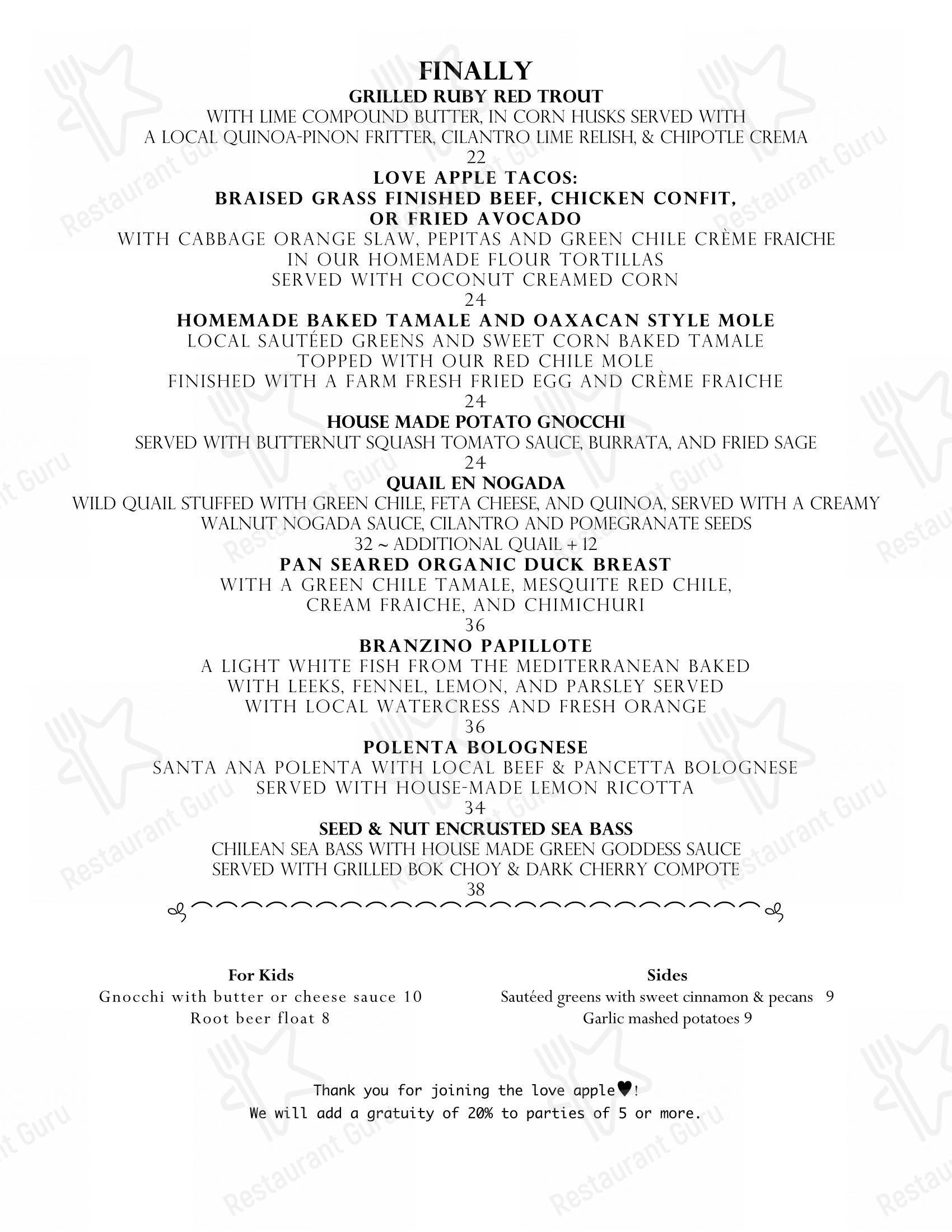 Menu at The Love Apple restaurant, Taos