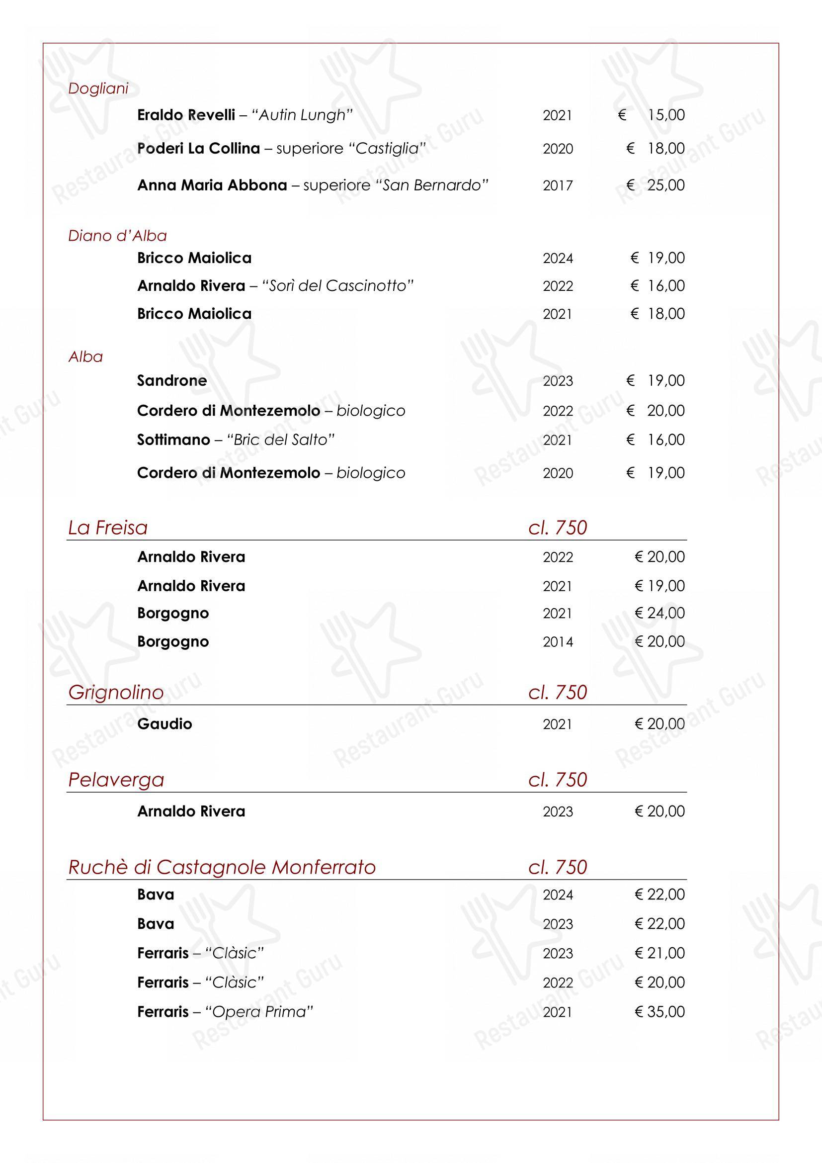 Menu bar per Trattoria Salvetti in Paroldo
