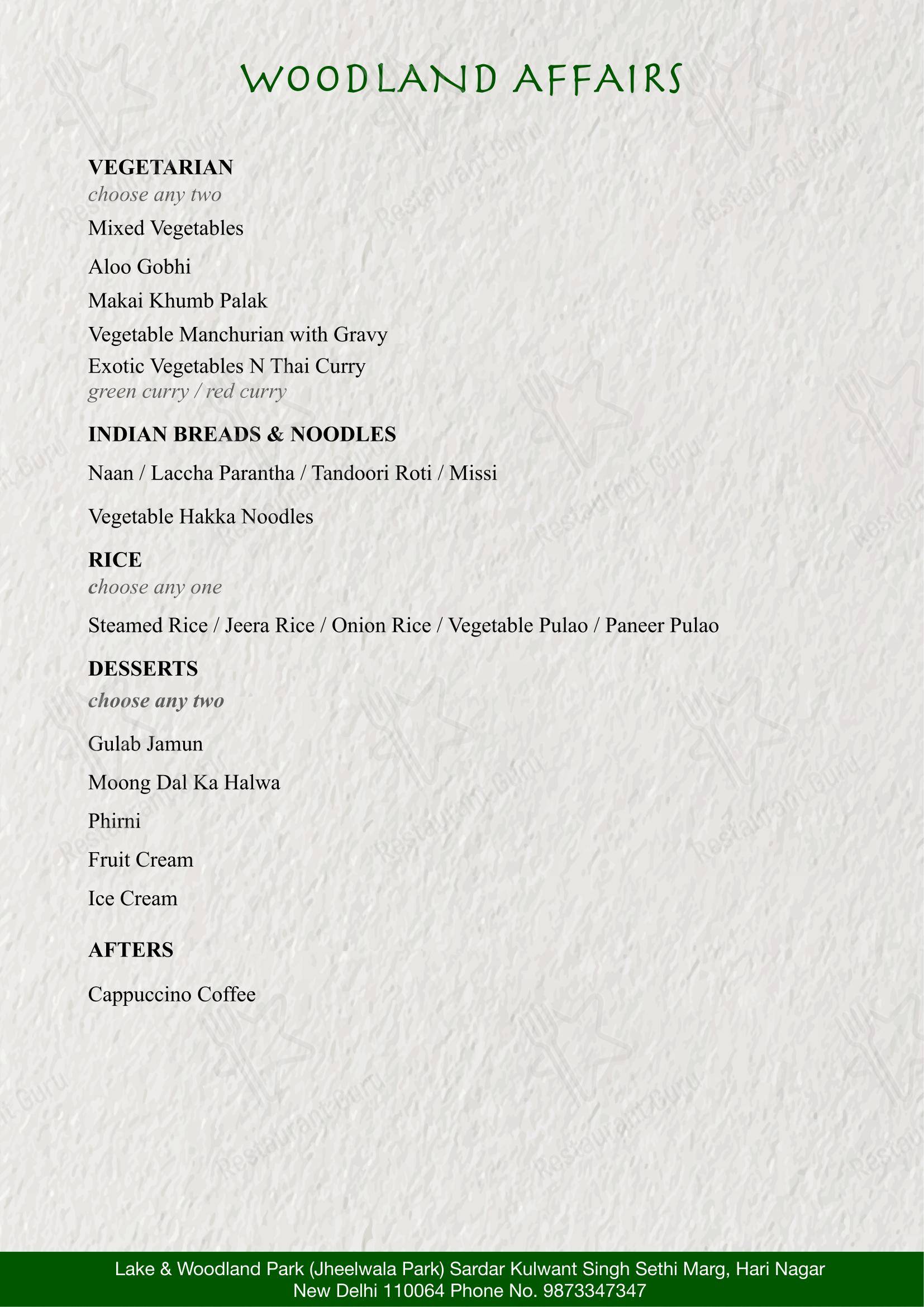 Woodland Affairs menu - meals and drinks