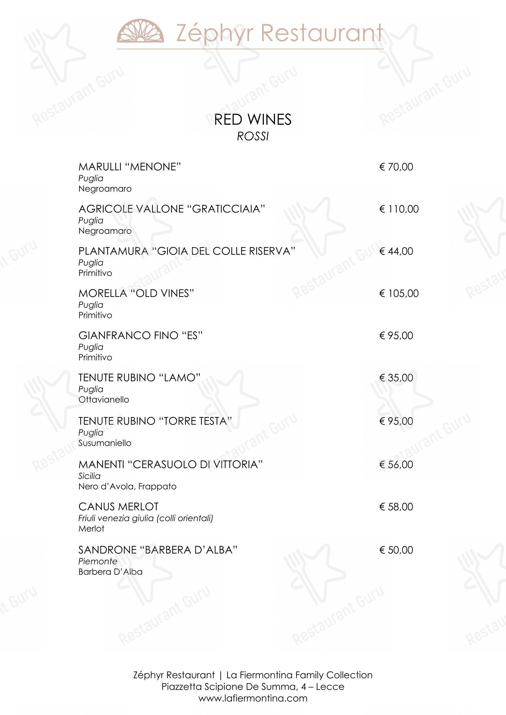Menu per Zéphyr Restaurant in Lecce
