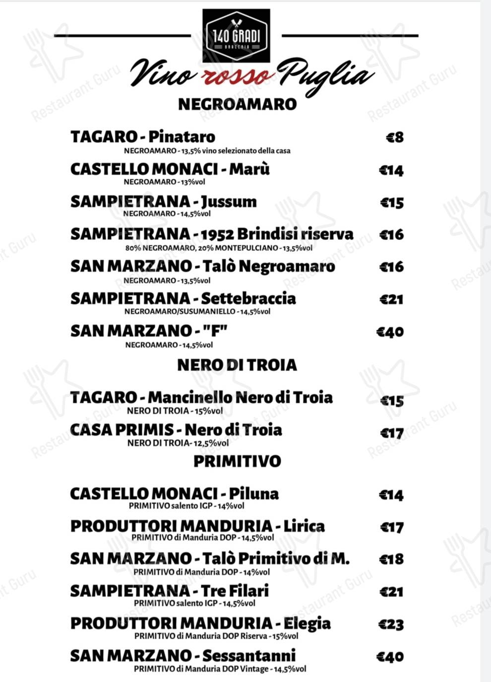 Menu di Braceria 140 gradi - piatti e bevande