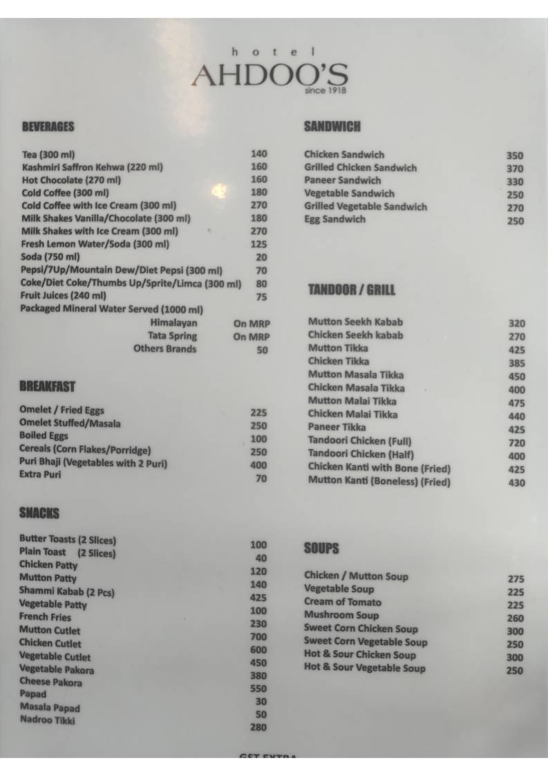 Ahdoos Restaurant menu