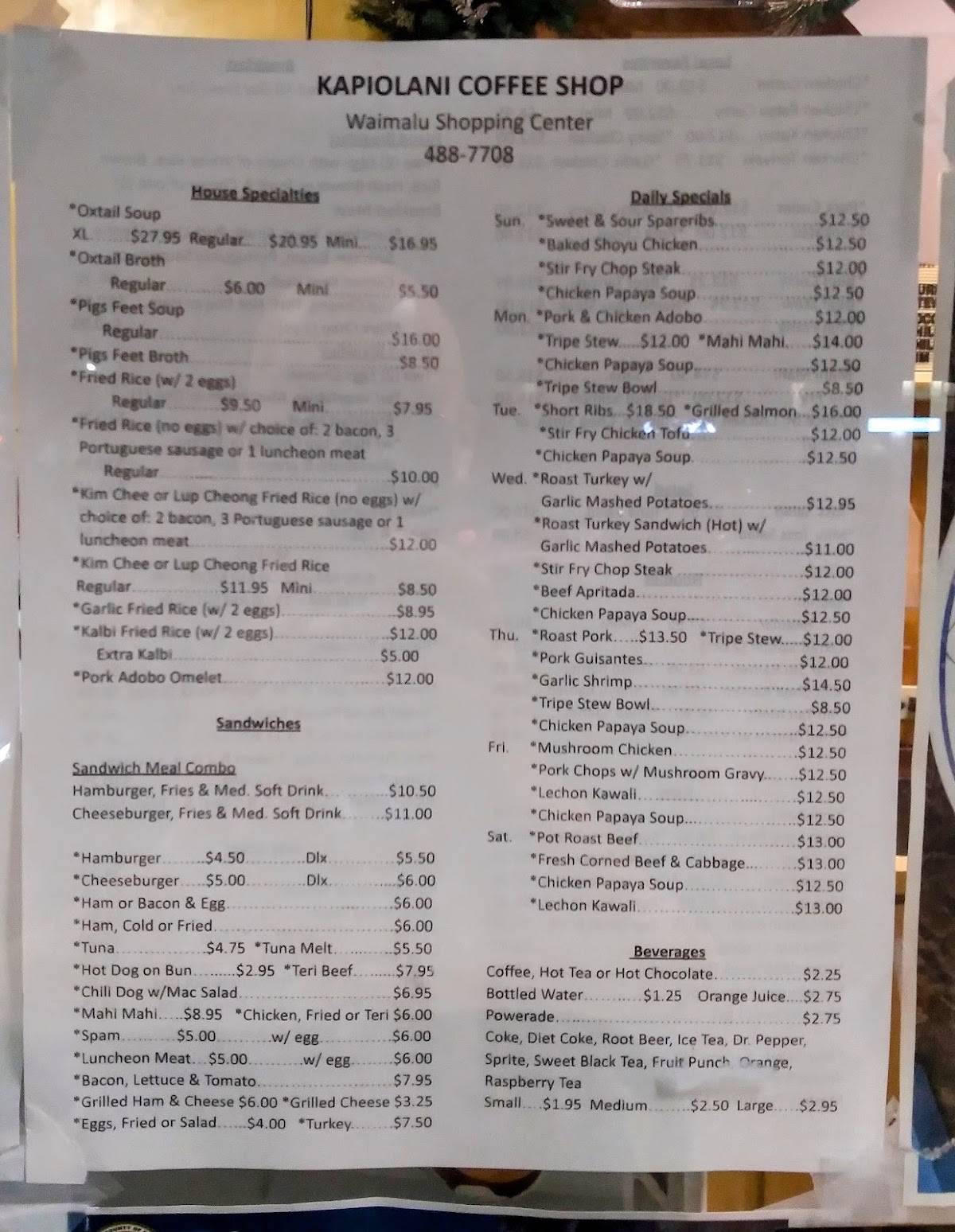 Menu at Kapiolani Coffee ShopWaimalu restaurant, Aiea, 98020