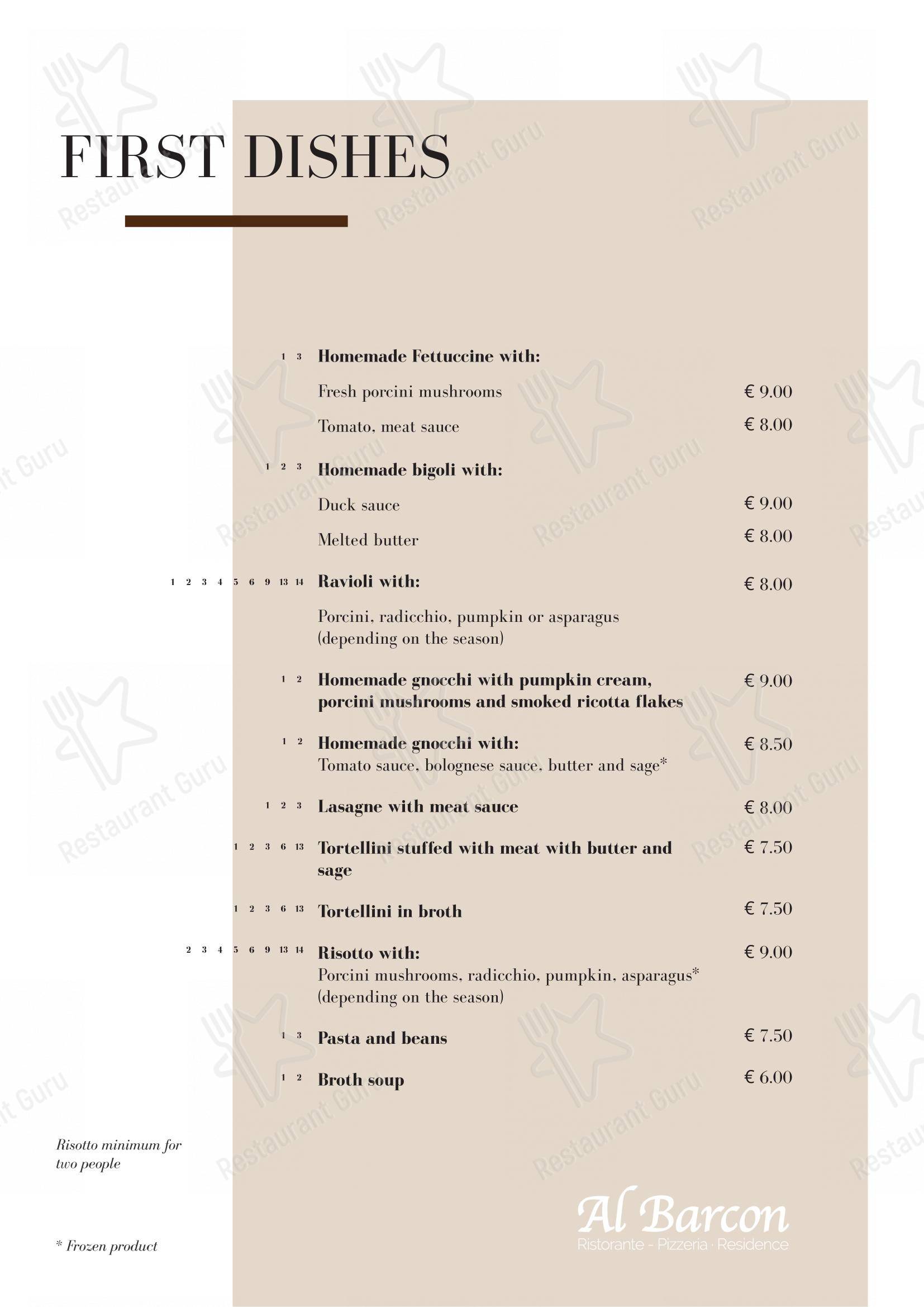 Основное меню per Al Barcon Ristorante-pizzeria e Residence in Sarcedo
