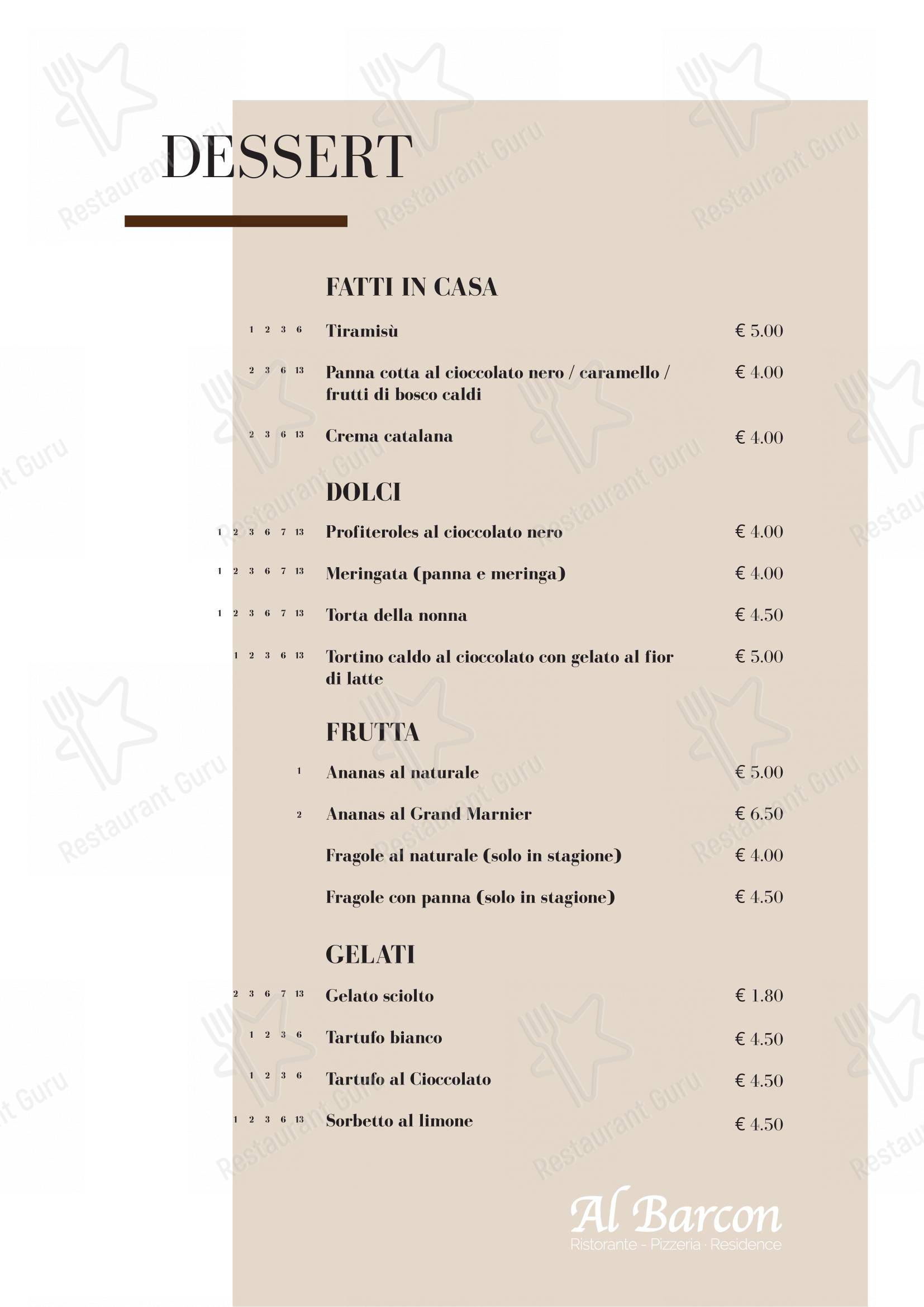 Menu bar per Al Barcon Ristorante-pizzeria e Residence ristorante