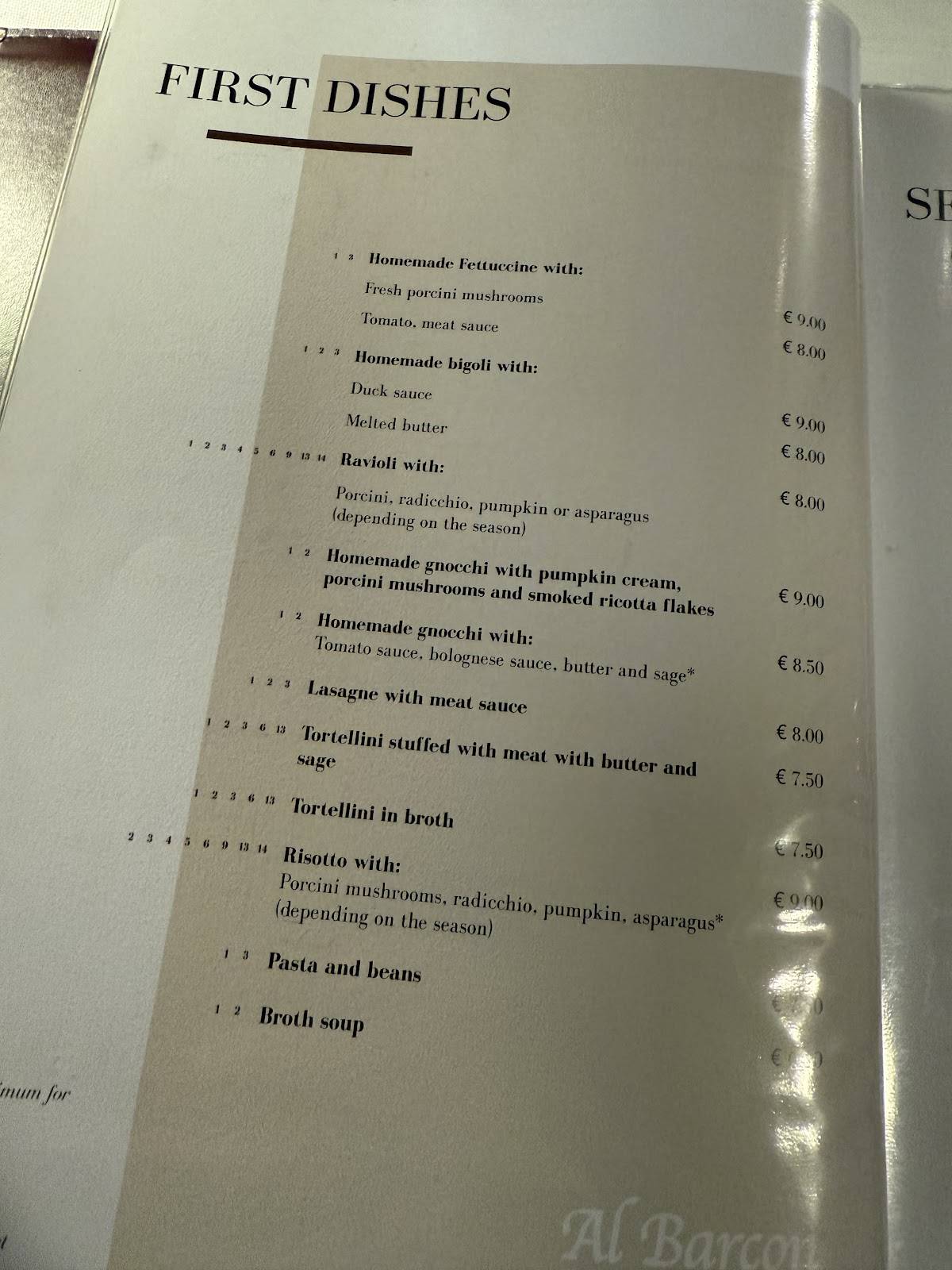 Menu di Al Barcon Ristorante-pizzeria e Residence 