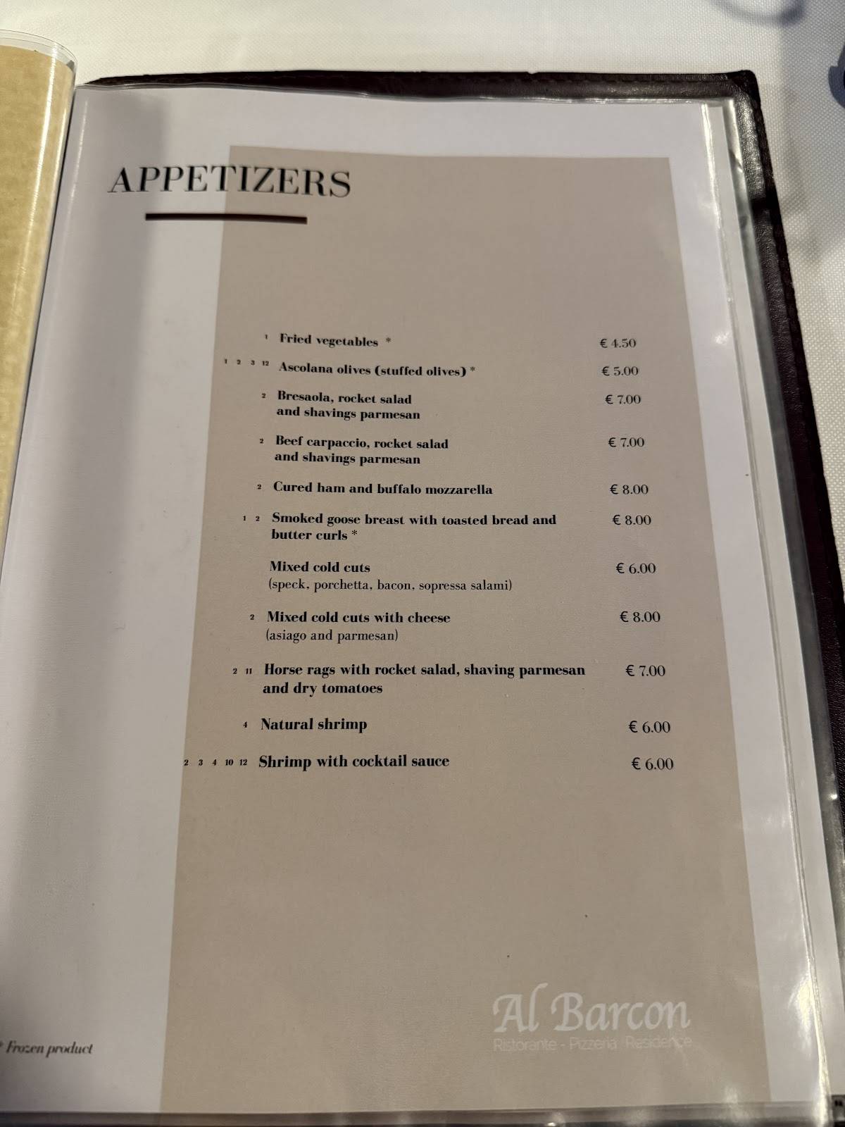 Menu di Al Barcon Ristorante-pizzeria e Residence 