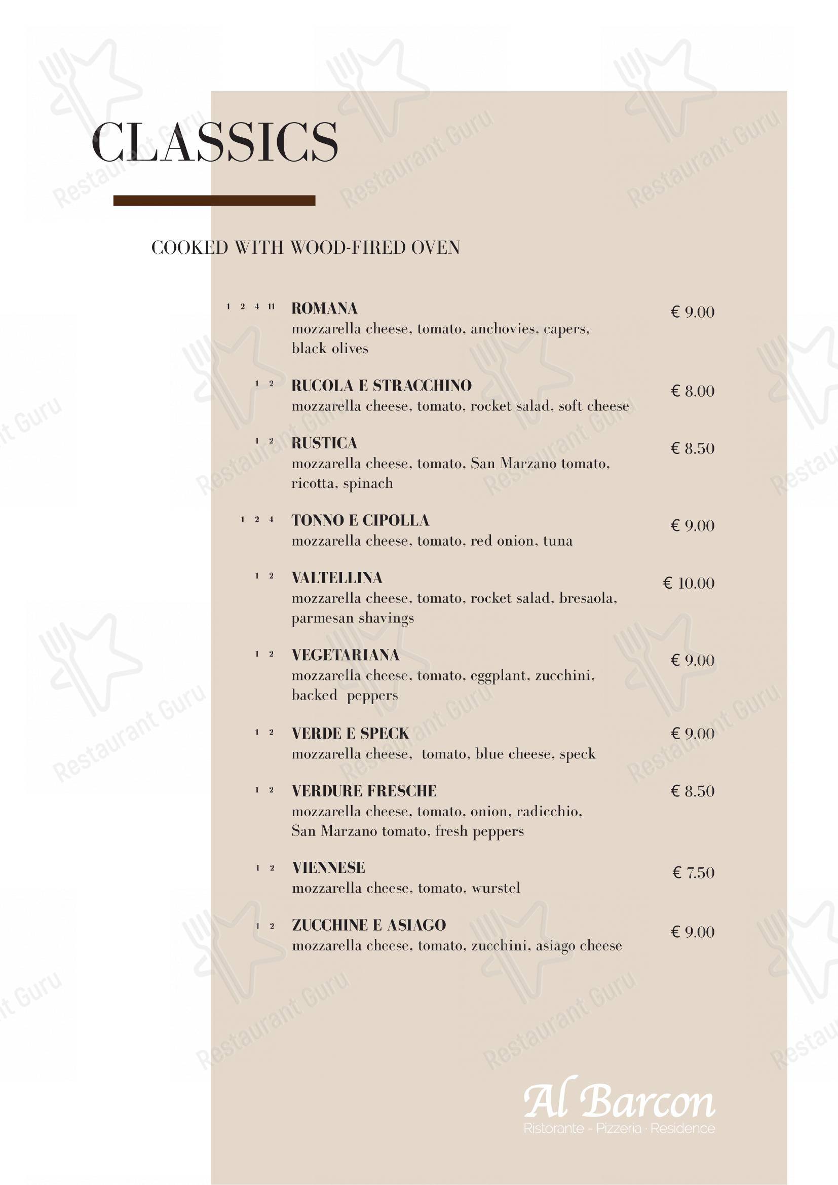 Menu di Al Barcon Ristorante-pizzeria e Residence - Основное меню