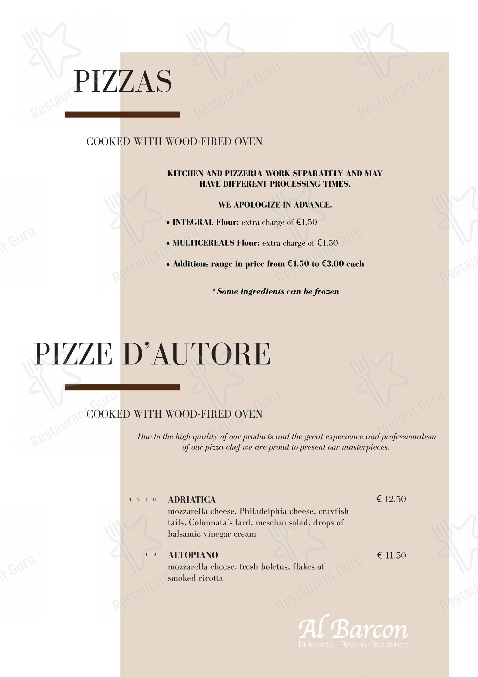 Основное меню per Al Barcon Ristorante-pizzeria e Residence ristorante