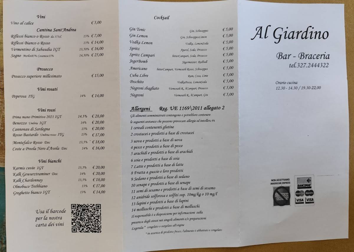 Menu da Al Giardino ristorante, Sabaudia, Via Dante 2 all' interno del ...
