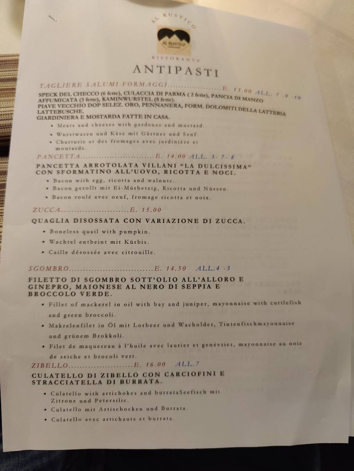Menu de Al Rustico