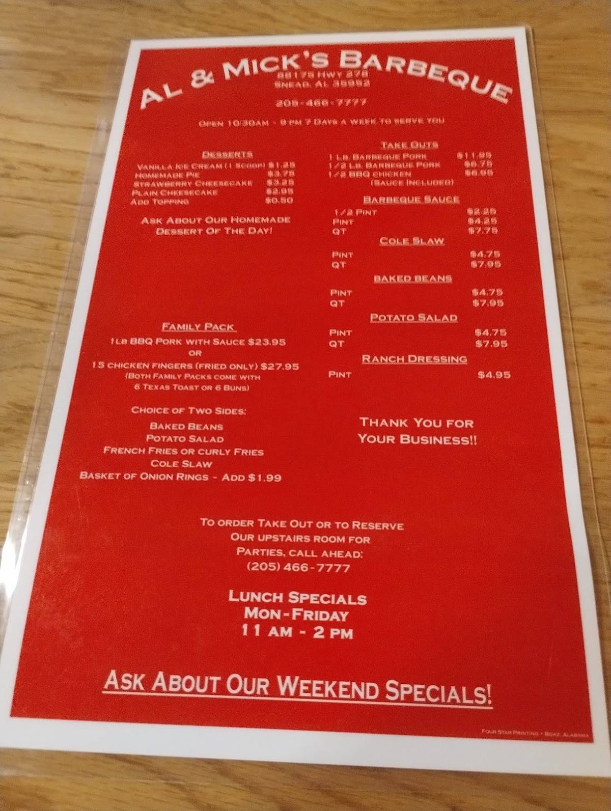 Menu at Al & Mick's Barbeque, Snead