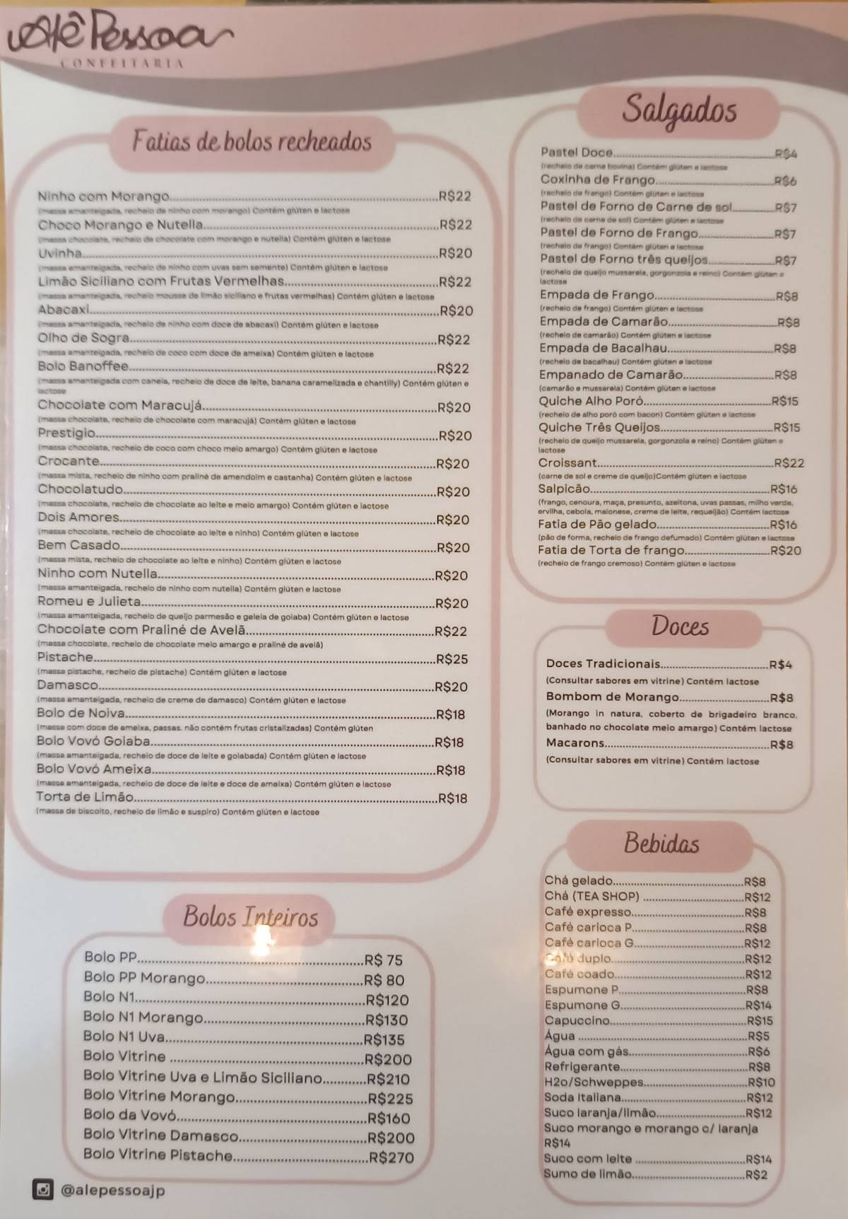 Ale Pessoa Tortas e Doces doceria cardápio