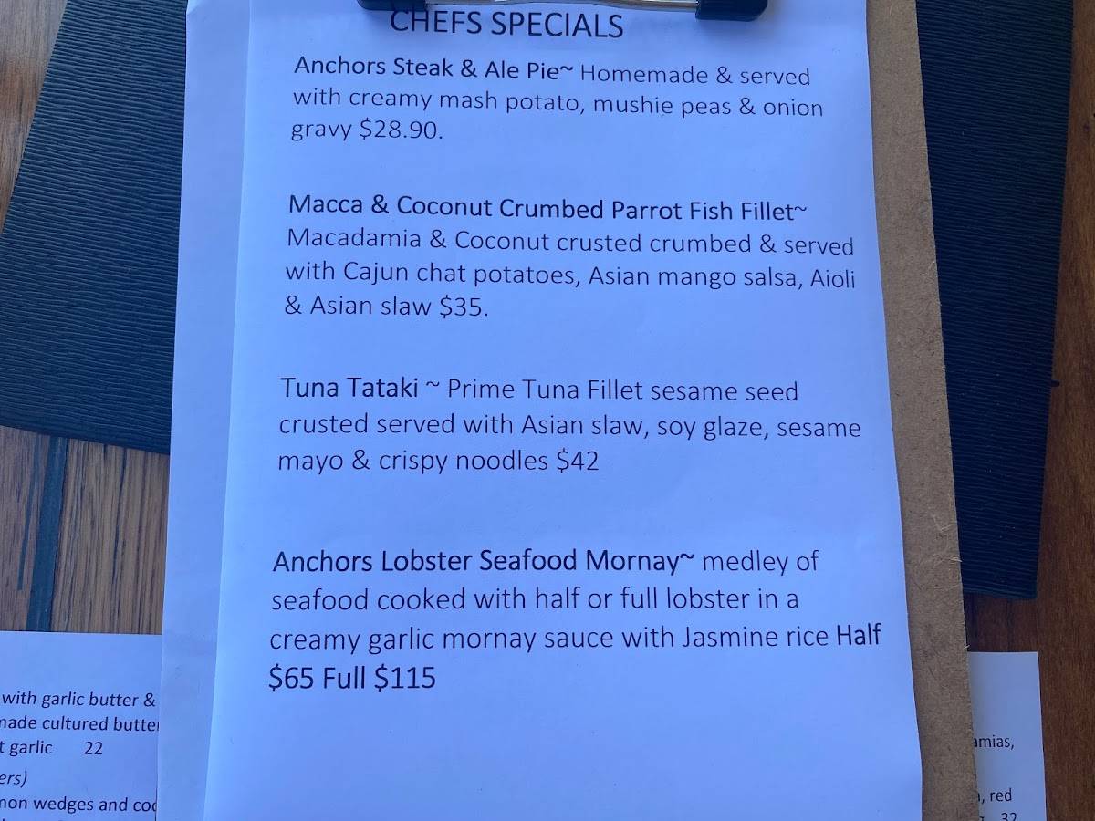 Menu at Anchors Wharf Cafe & Restaurant, Urunga