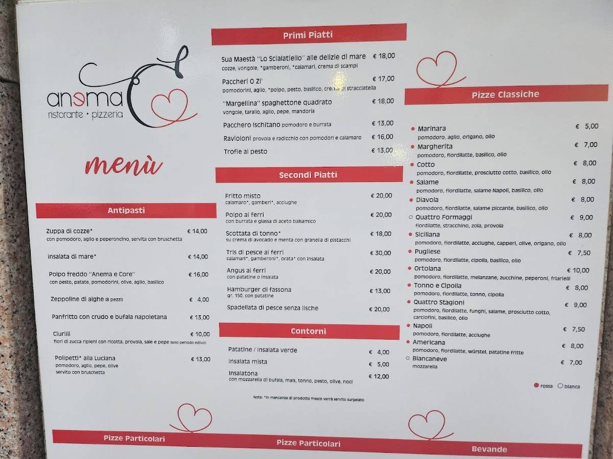 Menu di Anema e Core 