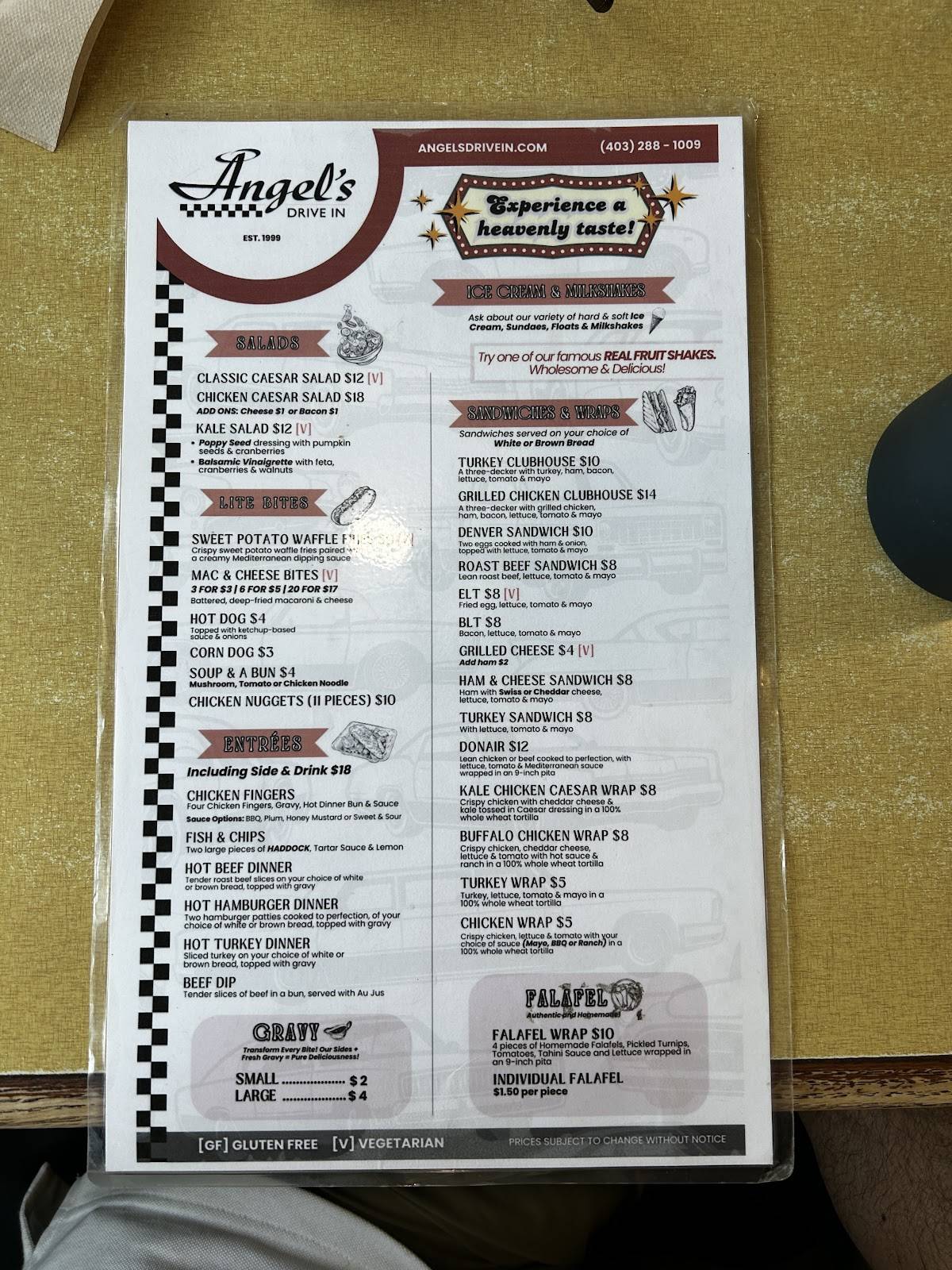 Menu de Angel's Drive In