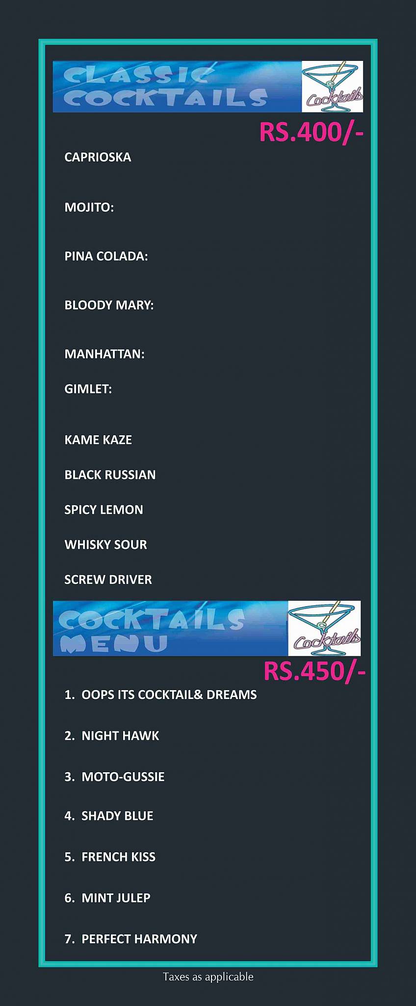 Casa Playa menu