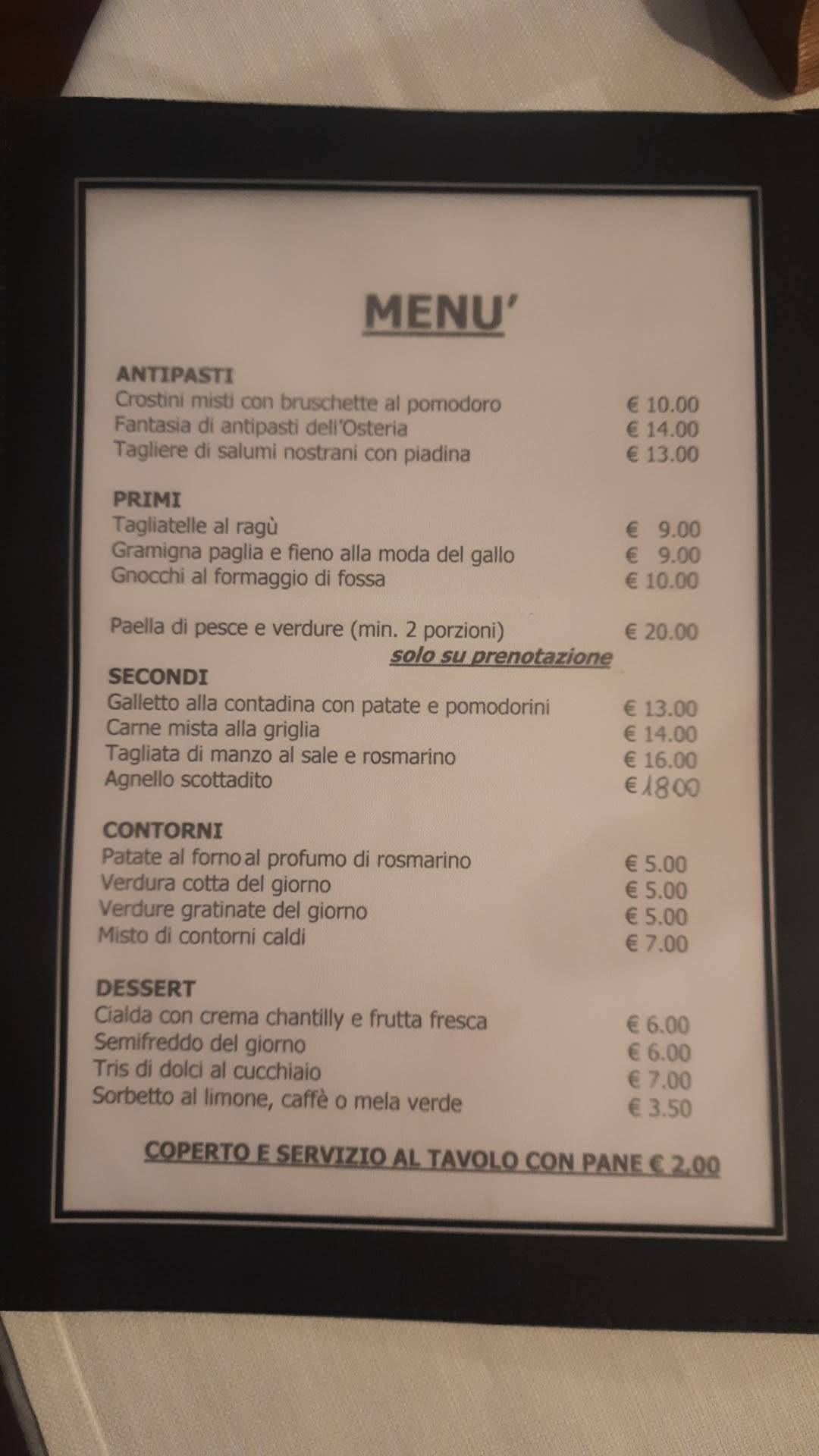 Menu di Vecchia Osteria del Gallo 