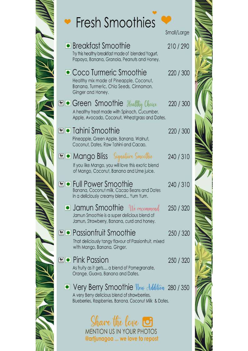 Artjuna Cafe - Anjuna menu