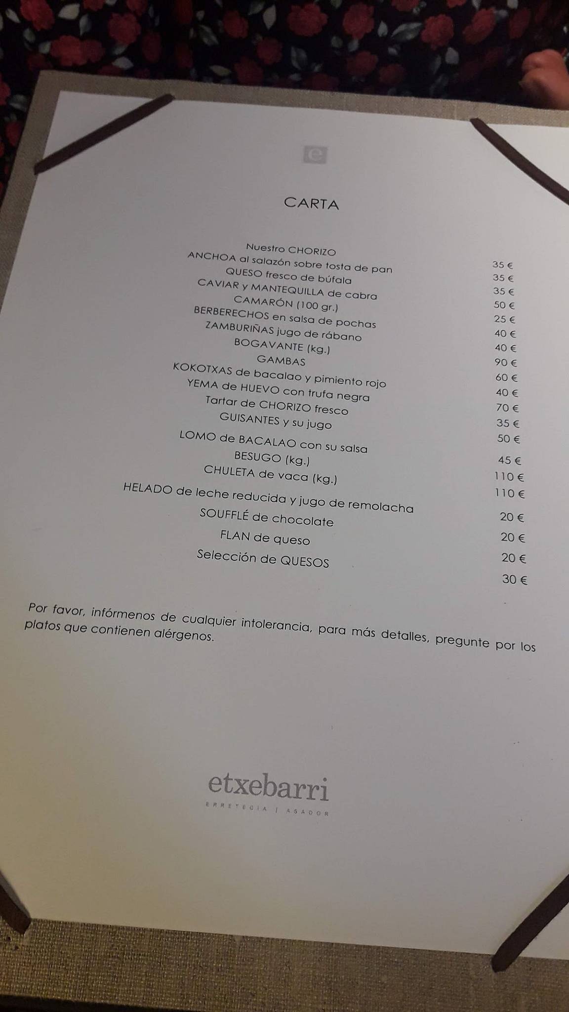 Menu At Asador Etxebarri Axpe