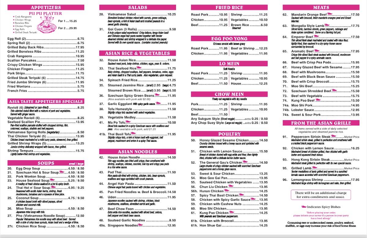 Menu at Asia Taste Cafe & Grille, Peabody