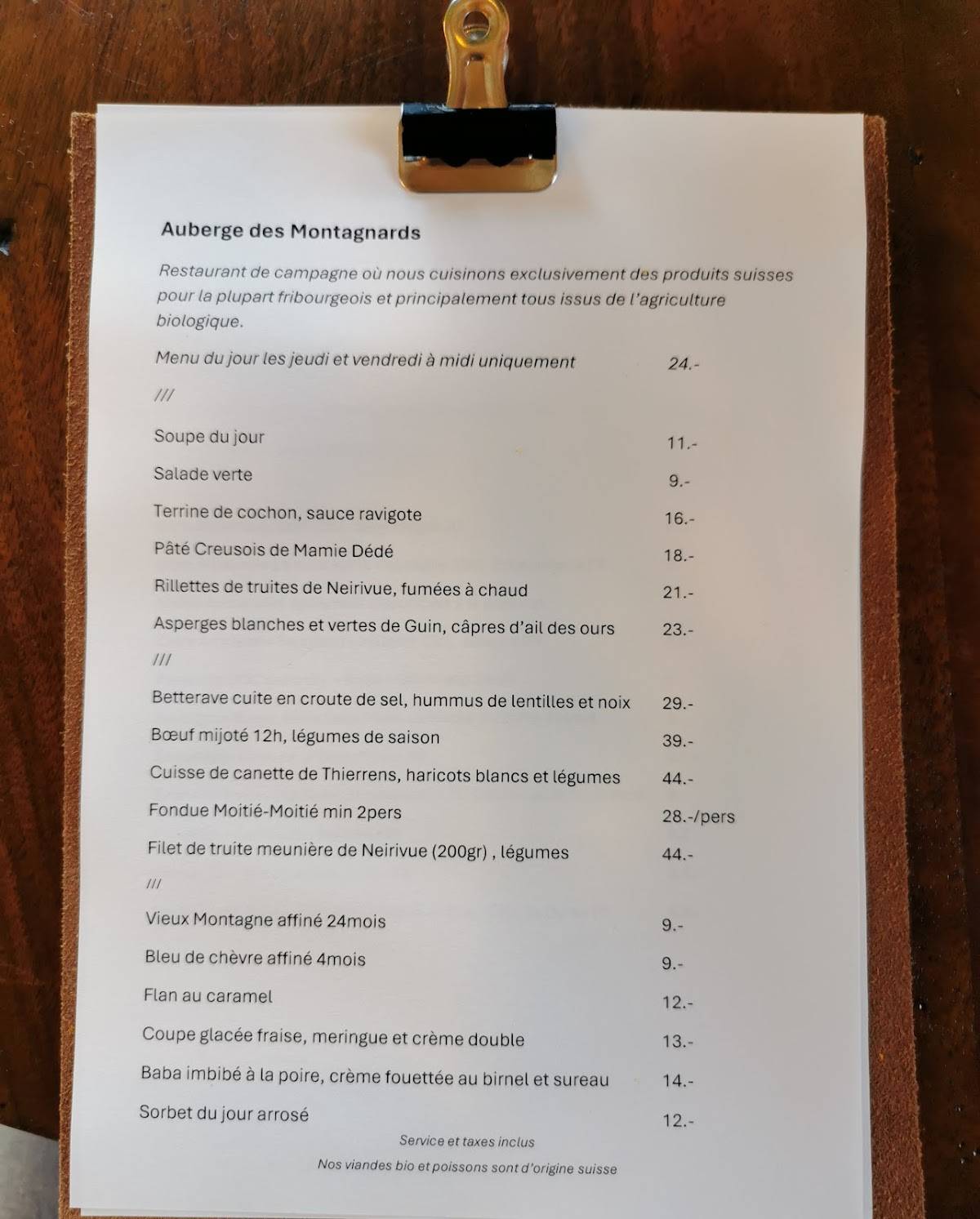 Menu di Auberge des Montagnards 