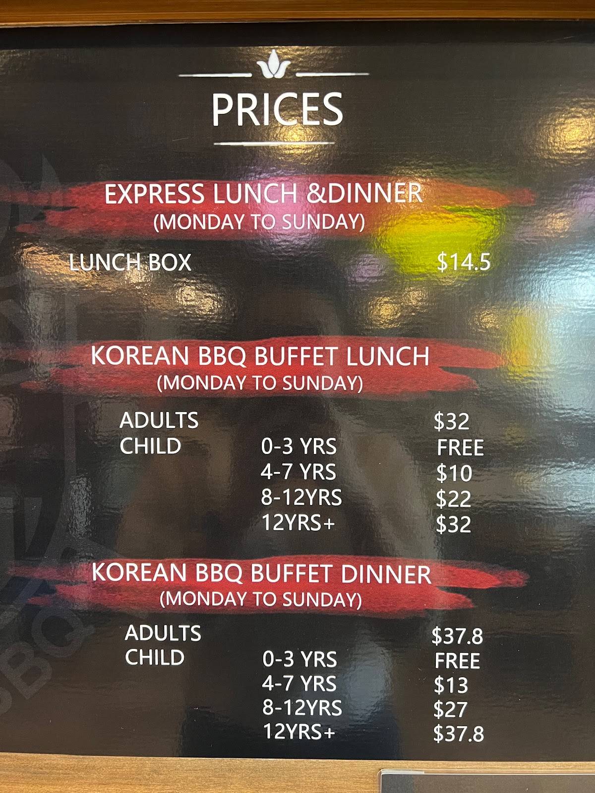 Menu at Fantasy Korean BBQ, Auckland