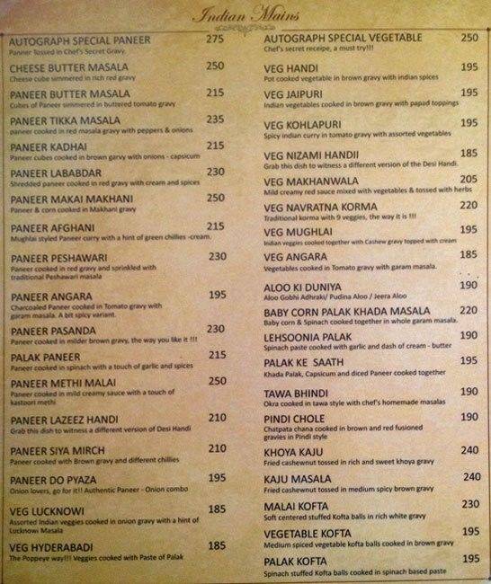 Autograph Restaurant menu