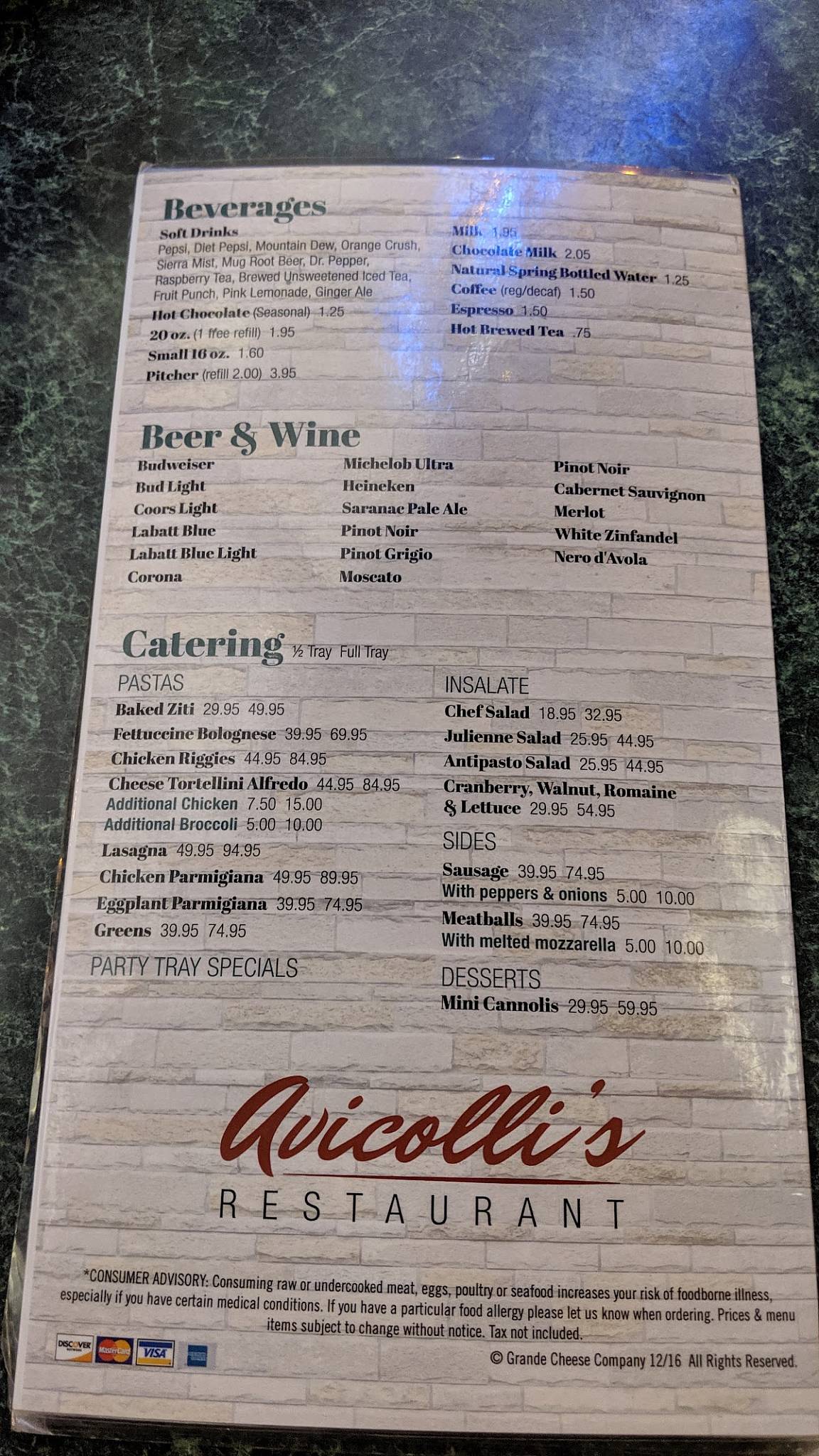 Menu at Avicolli's Pizza pizzeria, Camden