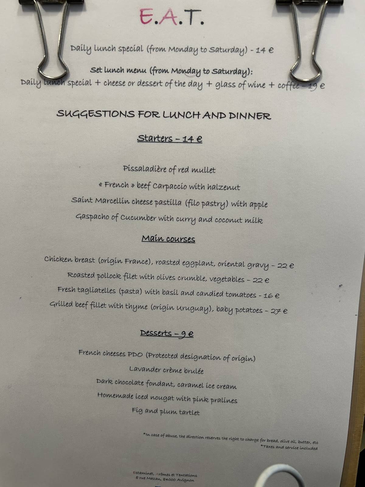 Menu de Restaurant EAT "Estaminet, Arômes et Tentations"